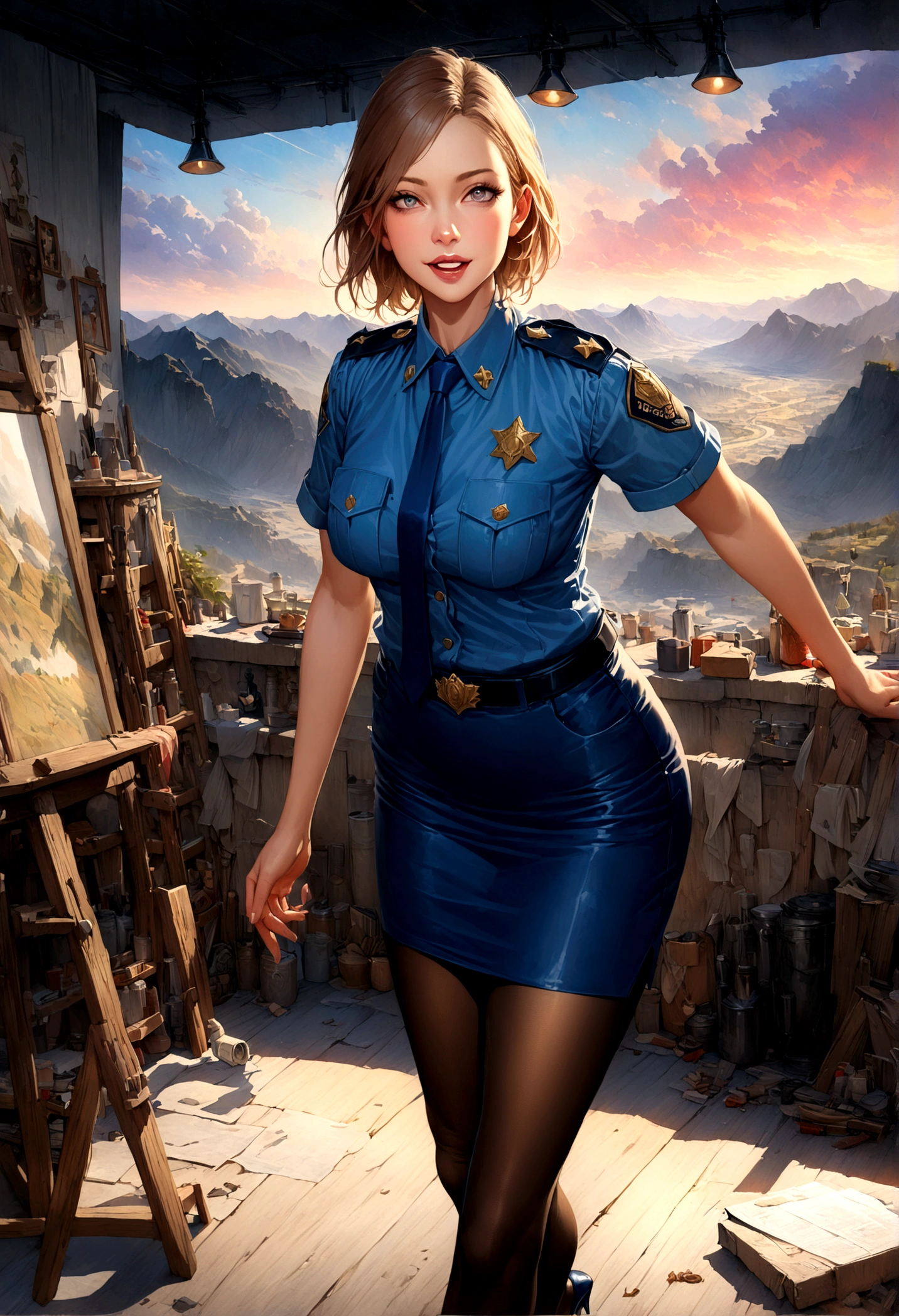Incredibly beautiful illustrations,(Highest quality,Super detailed,Photorealistic:1.37),show,Studio Lighting,Professional expression and attitude,Detailed facial features,A look of pleasure, landscape, Excited, Captivating Gaze,Vibrant colors,Female police officer,Pencil skirt with slit,Loose blue tie,pantyhose,High heels