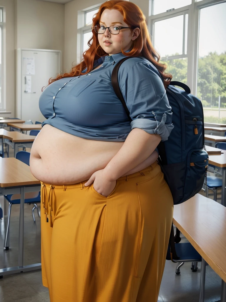 POV wiew photo of a young cute nerdy redhead bbw student with glasses with long wavy ginger hair soft fat belly, wide fat obese hips, thick fat legs and fat arms, cute pretty face, small breasts, blue eyes, freckles, in long shirt tucked in her simple trousers, and trousers, wearing a backpack in a school hall
