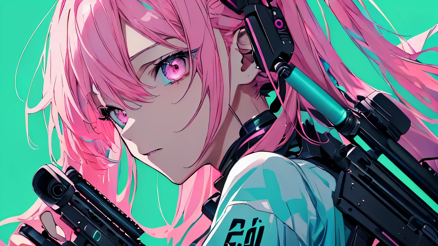 (masterpiece), Highest quality, Ultra-high resolution,hatsune miku, Vocaloid, beautiful, Detailed face, Pink Hair, Pink Eyes, Pink Art, colorful, bright, whole body、fight、strong、gun、(Confident expression:1.3)、battlefield、Armament、Cyberpunk Girl, (Gripping a high-tech rifle:1.3)、Stand up、Fantasy、cool、Glowing background、Illumination