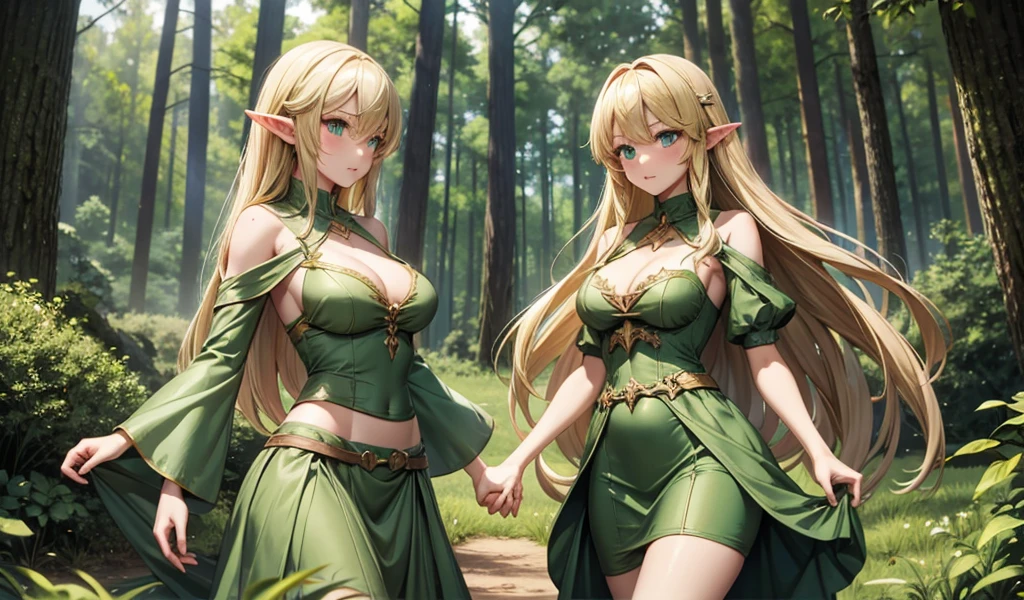 Blonde pointy-eared elf,green dress,Bare waist,long skirt,cleavage,thigh,forest