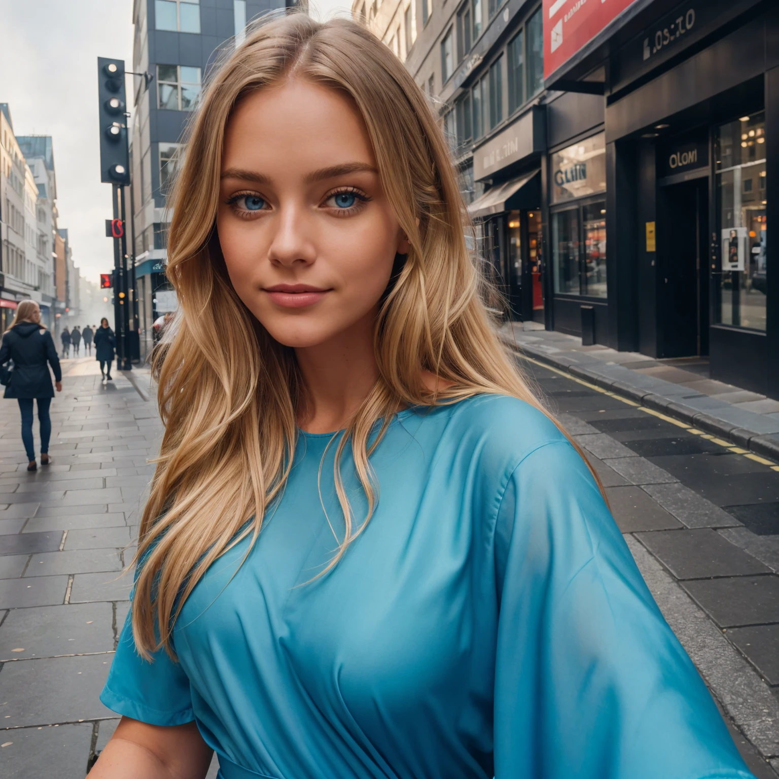 professional portrait photograph of a gorgeous 22 year,Norwegian girl Lise Olsen in london with long wavy blonde hair,blue eye,cute smile,sultry flirty look, gorgeous symmetrical face, cute natural makeup, wearing red gown, ((taking selfie in city street)), stunning modern urban environment, ultra realistic, concept art, elegant, highly detailed, intricate, sharp focus, depth of field, f/1. 8, 85mm, medium shot, mid shot, (((professionally color graded))), bright soft diffused light, (volumetric fog), trending on instagram, hdr 4k, 8k
