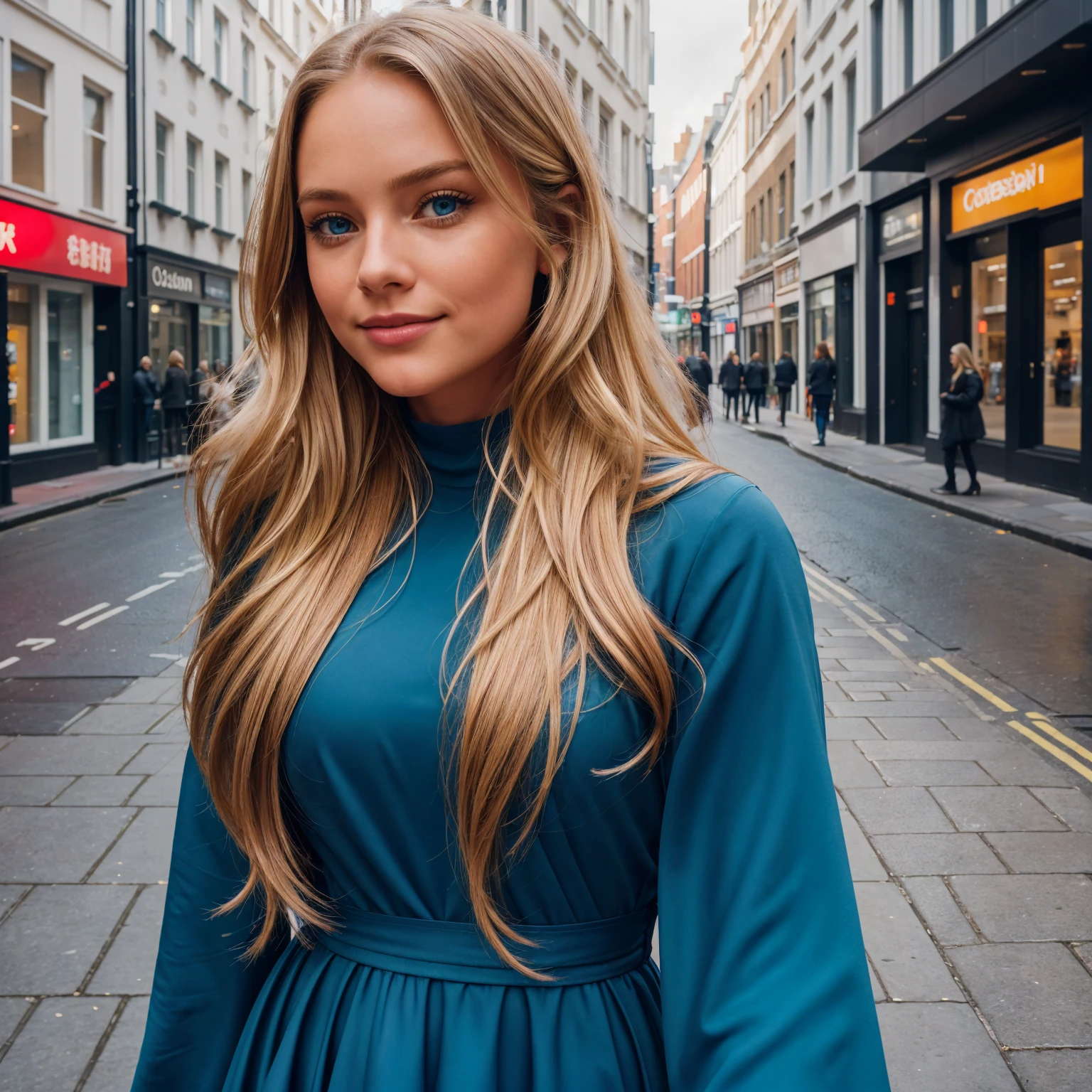 professional portrait photograph of a gorgeous 22 year,Norwegian girl Lise Olsen in london with long wavy blonde hair,blue eye,cute smile,sultry flirty look, gorgeous symmetrical face, cute natural makeup, wearing red gown, ((taking selfie in city street)), stunning modern urban environment, ultra realistic, concept art, elegant, highly detailed, intricate, sharp focus, depth of field, f/1. 8, 85mm, medium shot, mid shot, (((professionally color graded))), bright soft diffused light, (volumetric fog), trending on instagram, hdr 4k, 8k