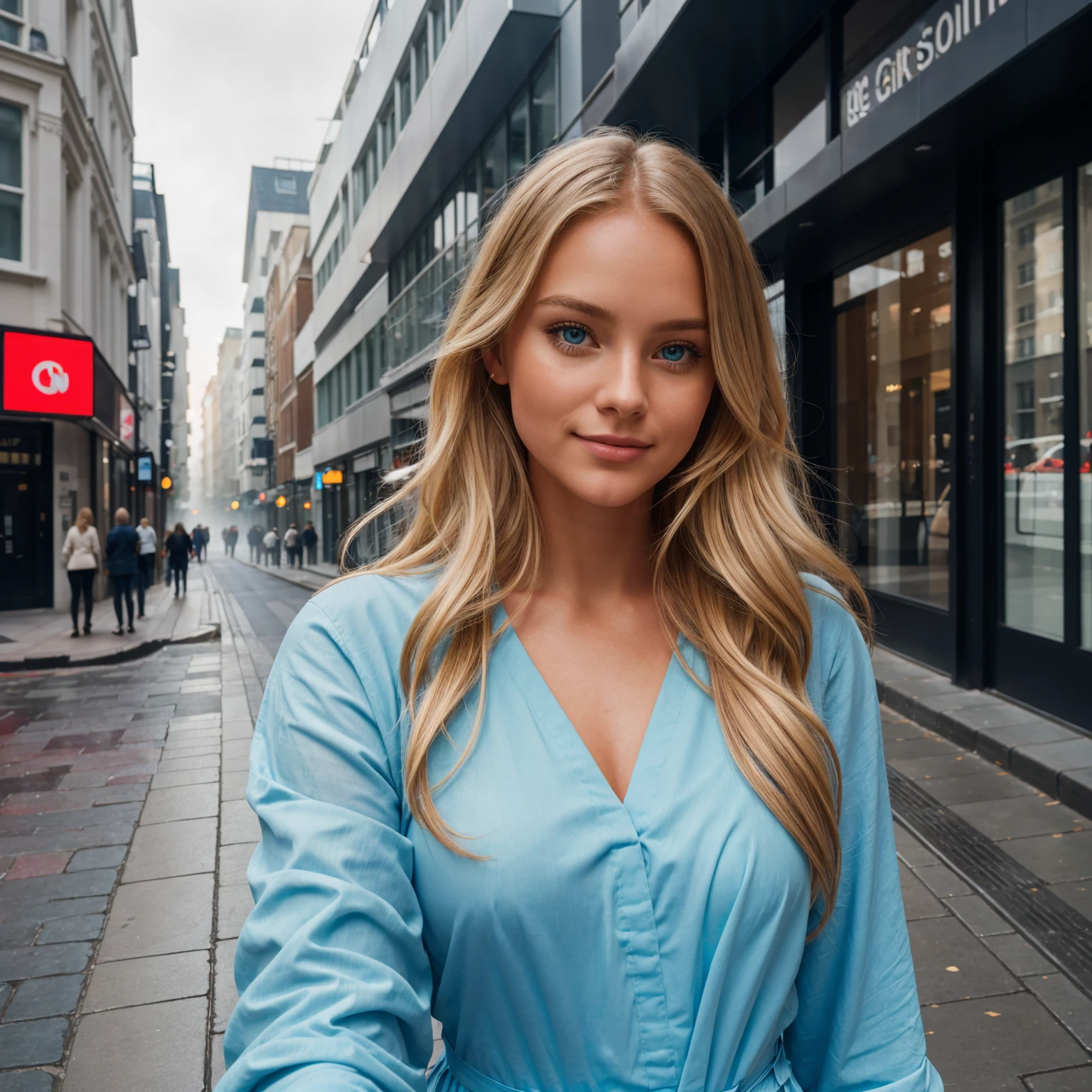 professional portrait photograph of a gorgeous 22 year,Norwegian girl Lise Olsen in london with long wavy blonde hair,blue eye,cute smile,sultry flirty look, gorgeous symmetrical face, cute natural makeup, wearing red gown, ((taking selfie in city street)), stunning modern urban environment, ultra realistic, concept art, elegant, highly detailed, intricate, sharp focus, depth of field, f/1. 8, 85mm, medium shot, mid shot, (((professionally color graded))), bright soft diffused light, (volumetric fog), trending on instagram, hdr 4k, 8k