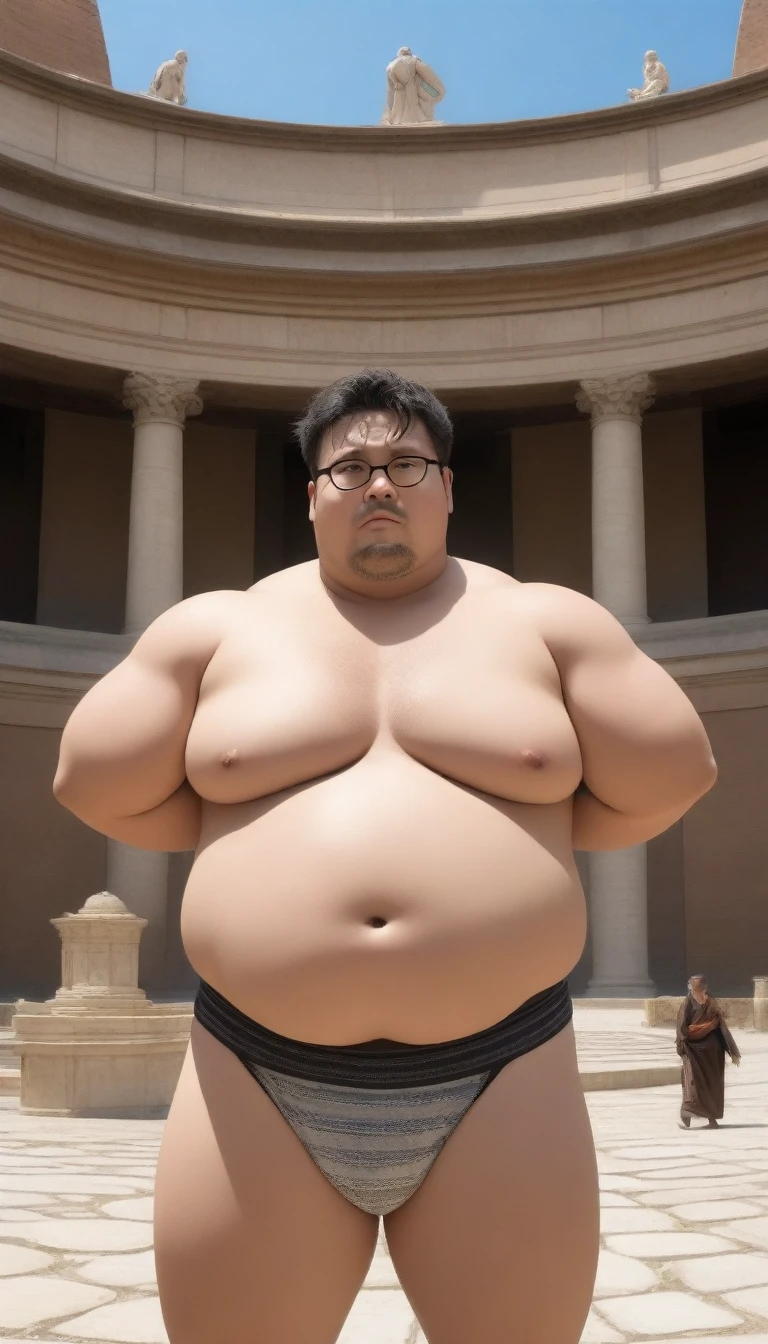 A fat man,Big eyes,Black round glasses,short hair,Round inches,Big round face,Very large and well-developed chest muscles,Big full belly,Standing on the ancient city of Rome,The upper body is bare,Wearing briefs with bulge in the crotch,Oriental male,Full body front view