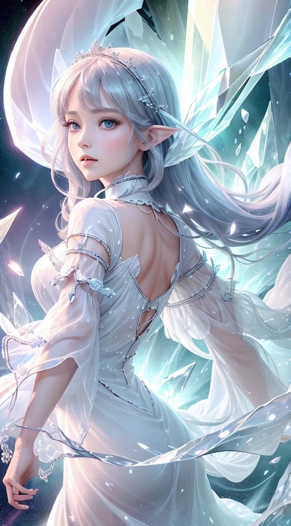 (Masterpiece, Top Quality, Best, Official Art, Beautiful and Aesthetic, Long Exposure: 1.2), Smooth Movement, Charming Patterns, 1 Girl, (Long Dress with Sleeves: 1.3), (((White Clothes) )), upper body close-up, bare shoulders, Chinese girl, blush, black lob hair, portrait, solo, upper body, looking at the observer, detailed background, detailed face, (crystallineAI, crystalline theme:1.1), elemental wind elves, rotation Wind, control the wind, white crystal clothing, dynamic pose, floating particles, ethereal dynamics, whirlwind, vapor, whirlwind in the background, white tone, whirlwind, ethereal atmosphere,
