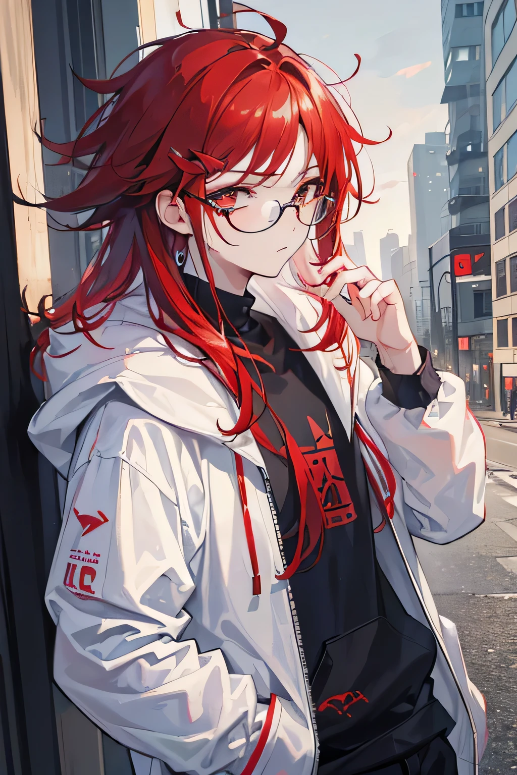 ((Highest quality, masterpiece, 4K, In detail, Fine grain, Detailed face, Gelbourg, Pixiv)), Cold lighting, ((alone)), 1 male, Boy with glasses, good looking, Masculine, Adult male, Broad shoulders, Face close-up, Portraiture,View your viewers, ((amblyopia, Half-lidded, Dark circles under the eyes, White eyes with red pupils)), Wear modern clothes, Black hoodie with logo, Sweat pants, Are standing, Put your hands in your pockets, ((Red hair, Medium length hair, messy hairstyle, Messy Hair)), Abandoned city background