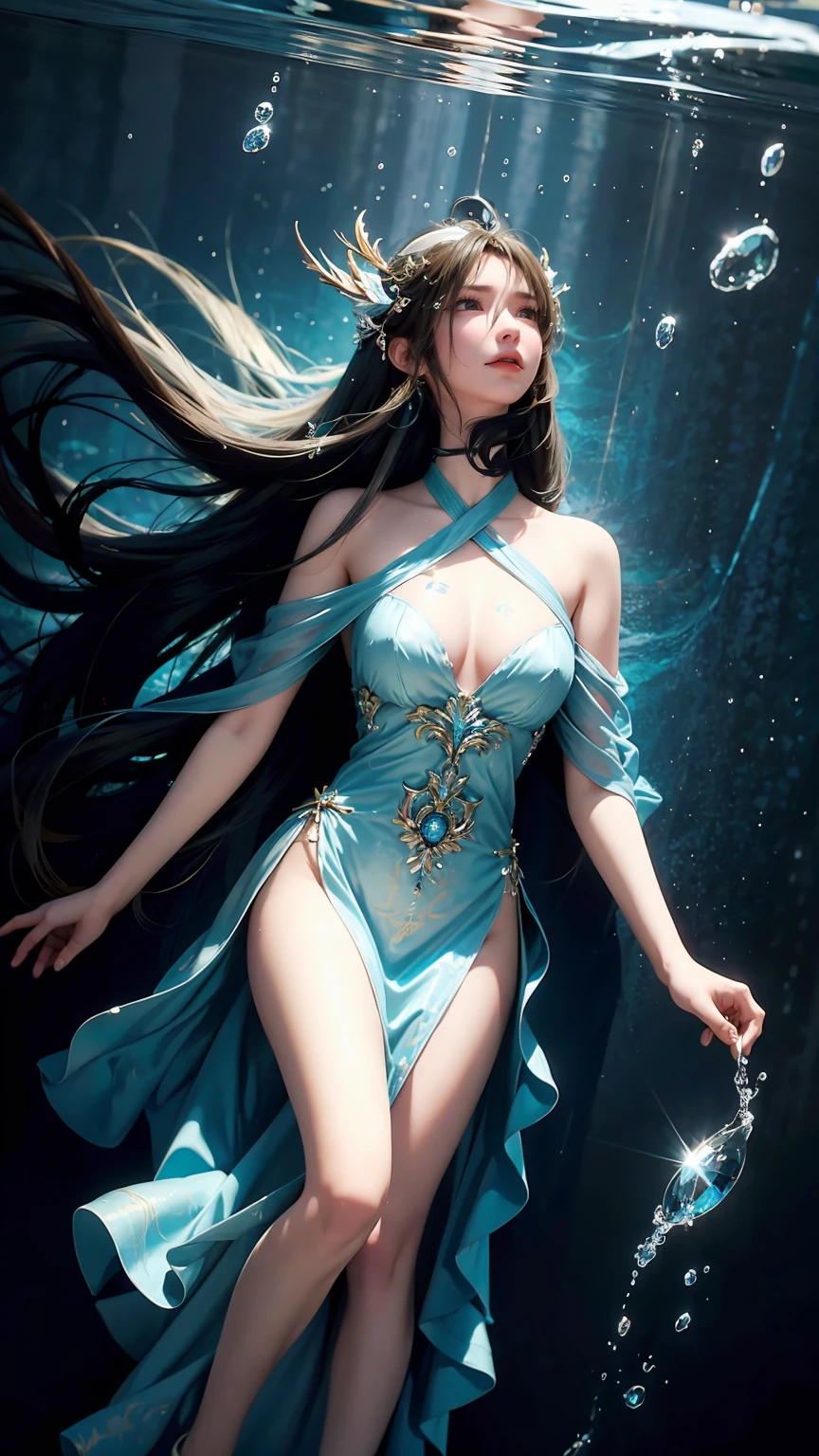 best quality，masterpiece，Ultra-high resolution，（realism：1.4），original photo，Cold Light，Woman wearing transparent dress underwater，Full body image，Wallpaper Anime Blue Water，Gurwitz-style artwork，A close-up fantasy of water magic，author：Yang Jie，Gurwitz，A beautiful artistic illustration，Water Nymphs，Beautiful digital artwork，Beautiful digital illustrations，Li Song，Beautiful anime portrait，A bull&#39;Art style