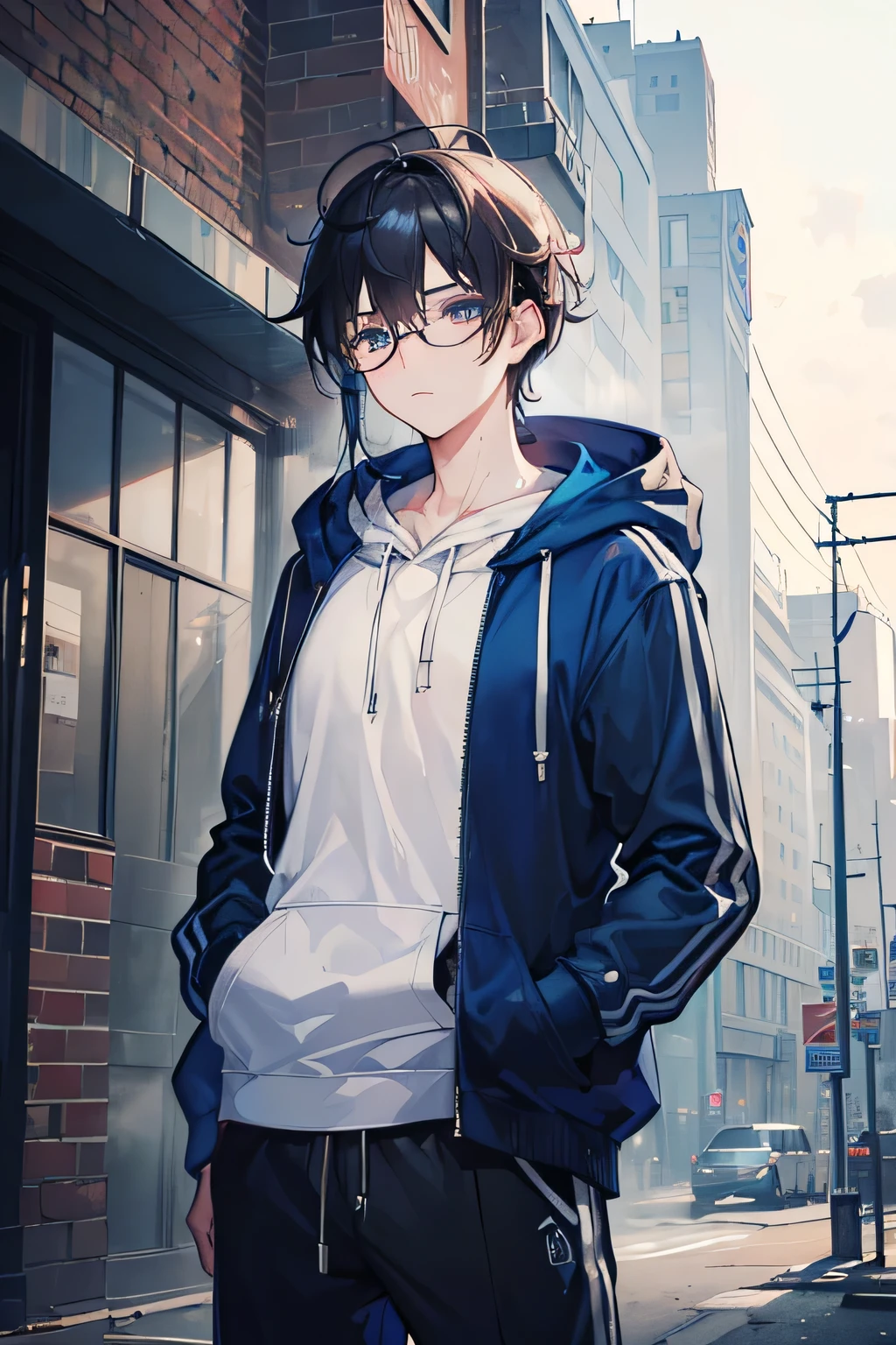 ((Highest quality, masterpiece, 4K, In detail, Fine grain, Detailed face, Gelbourg, Pixiv)), Cold lighting, ((alone)), 1 male, Boy with glasses, good looking, Masculine, Adult male, Broad shoulders, Face close-up, Portraiture,View your viewers, ((amblyopia, Half-lidded, Dark circles under the eyes, White eyes with blue pupils)), Wear modern clothes, Blue hoodie with logo, Sweat pants, Are standing, Put your hands in your pockets, ((Black Hair, Medium length hair, messy hairstyle, Messy Hair)), Abandoned city background