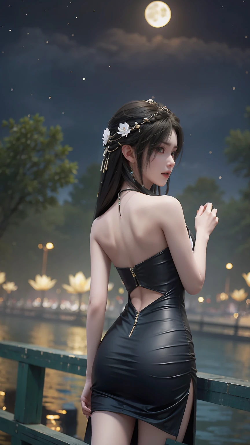 (high quality, 8K, Original Characters), (fact: 1.5), (masterpiece, best quality, high resolution: 1.2), girl, Summer Night, (Smooth texture: 1.5), Sexy short skirt, Exquisite eyes, Exquisite images, Boat, river, Facing the camera, There is a big lotus behind, moonlight, breeze, firefly