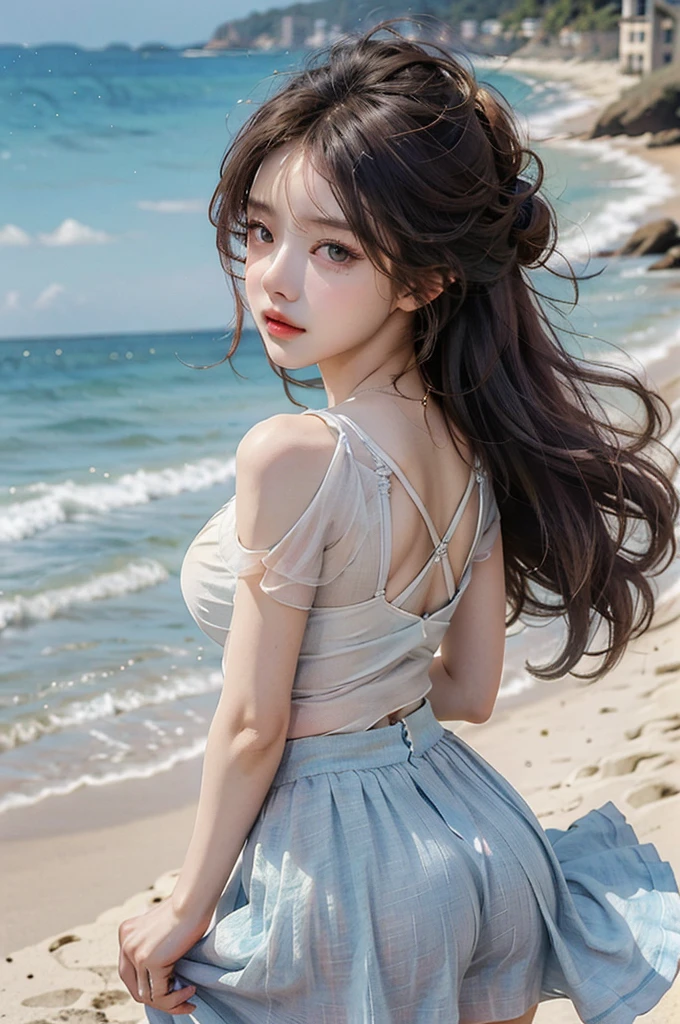 Blue Skirt，Big Ass，Large Breasts, whole body，Delicate and beautiful eyes,High-definition quality, Realistic details, Official Art, masterpiece, Unity 8k Wallpaper, Ultra Detailed, 美丽的masterpiece, Top quality, sweet and cute, Long brown hair, curls，Beach，Facing the audience，Lean over
