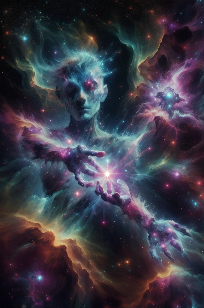 martius_nebula beautiful bright proton sorceress cosmic hand, Making his hands in space, A nebula as a book, Nebula Hand Martius_nebula beautiful bright proton magician martius_A cyborg warrior imbued with nebula lightning
