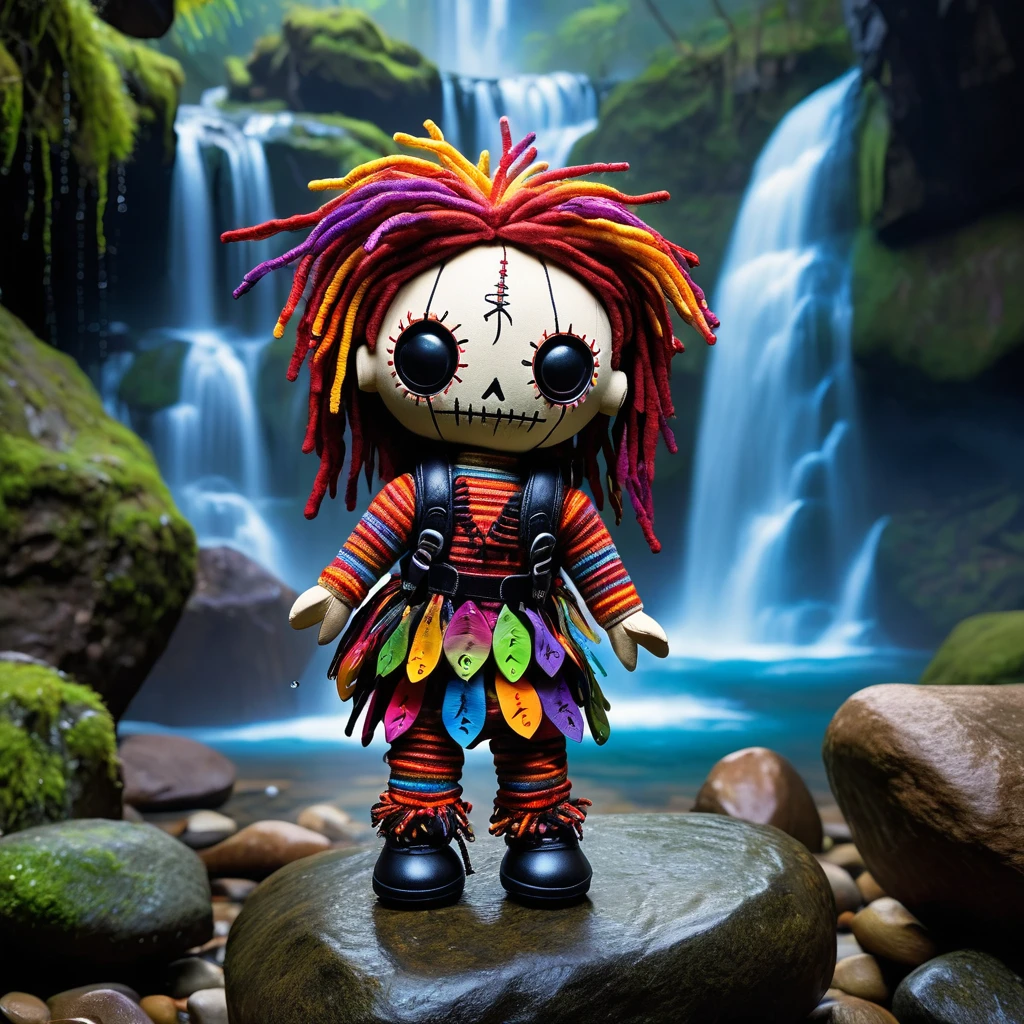 (knitted toy voodoo doll:1.5), (Voodoo Waterfall Explorer:1.3), (Clothing: outdoor outfit with waterproof features:1.0), (Accessories: enchanted backpack emitting sparks of adventure magic, levitating spectral water droplets:1.1), (background: mystical waterfall with floating rocks, glowing mist, and spectral fish:1.2), best quality, masterpiece, detailed soft oil painting, detailed background, dramatic cinematic lighting, soft edge lighting, professional, dramatic lighting, hard edge lighting, ultra quality, 4k, masterpiece, best quality, 8k, ultra high definition, high resolution, extremely detailed