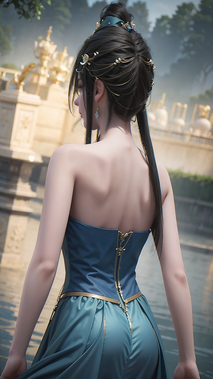 landscape,water,(Highly detailed CG Unity 8k wallpaper), The most beautiful works of art in the world,Professional Majestic Oil Painting,complicated, Attention to detail, Clear focus, dramatic, Realistic art,Play in the river,Blue-haired double ponytailed girl,mini skirt,
