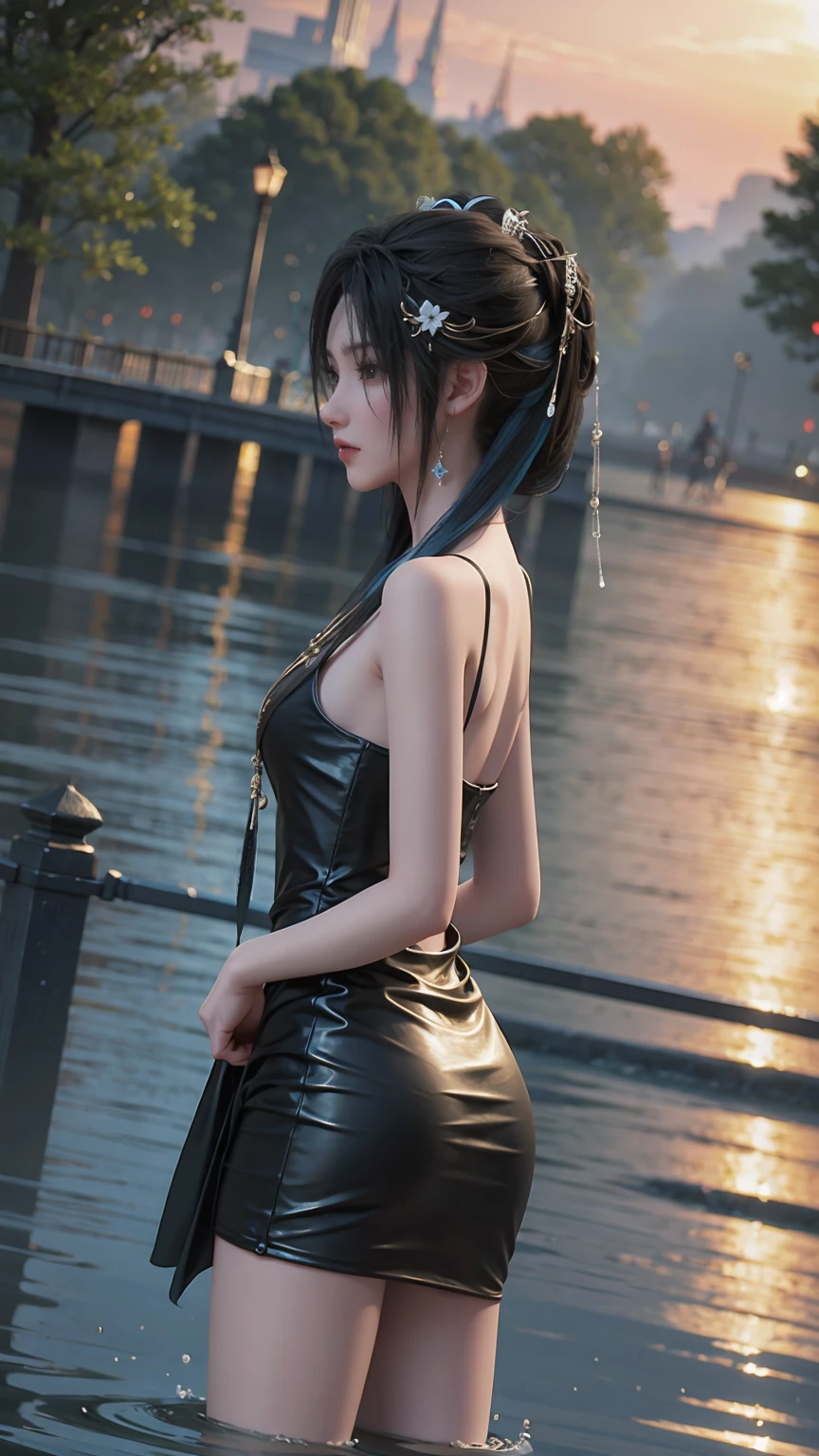 landscape,water,(Highly detailed CG Unity 8k wallpaper), The most beautiful works of art in the world,Professional Majestic Oil Painting,complicated, Attention to detail, Clear focus, dramatic, Realistic art,Play in the river,Blue-haired double ponytailed girl,mini skirt,