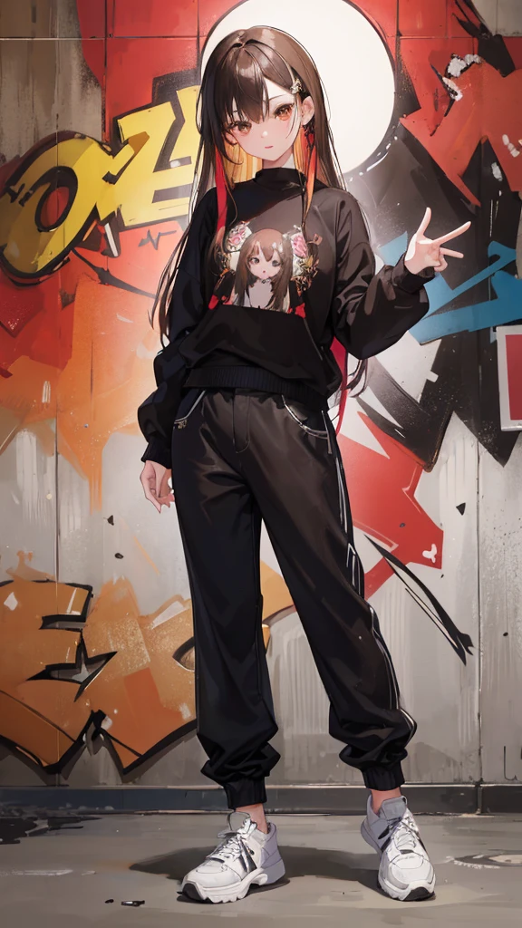 one young girl dancing, full body shot, hip hop style dancing, Better clothing, detailed clothing, perfect clothes, realistic ultra details, black pants, black sweater, High resolution, best quality, anime, intricate details, highly detailed face and long brown hair, detailed brown eyes, long fingers, colourful graffiti background