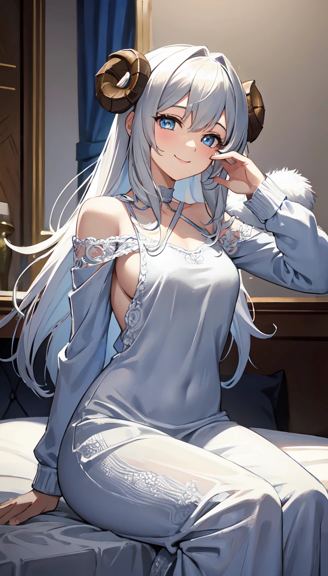 1 woman, slightly bend forward, smiling charmingly, beautiful face, hair buns, white hair, close-up upper body, wearing silk pajama, intricate negligee 