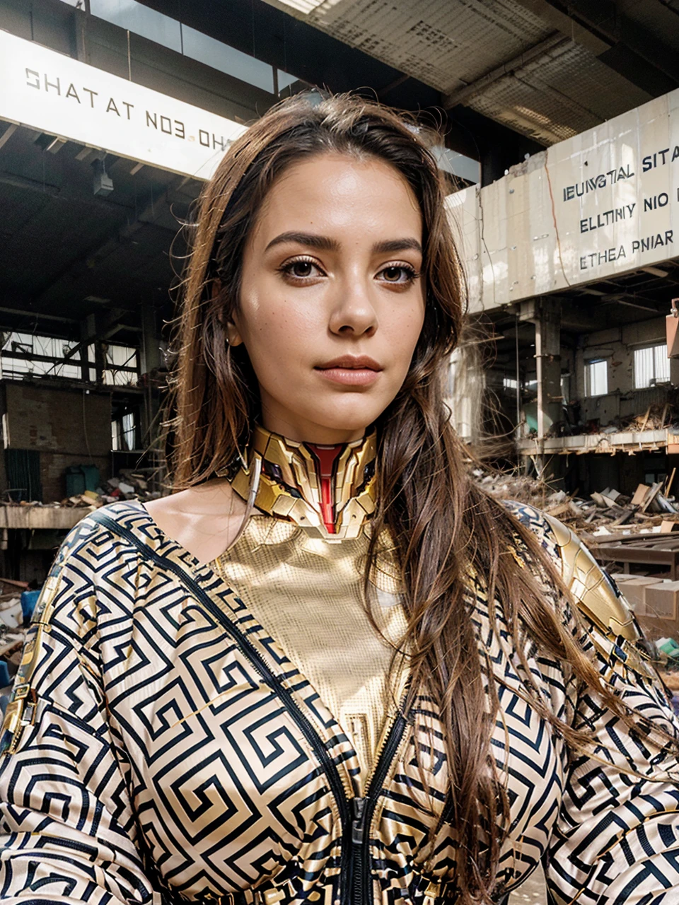 a beautiful, elegant woman wearing a futuristic red and gold Iron Man-inspired mech suit, standing in an abandoned, messy warehouse with a complex, detailed, and dynamic background featuring a vibrant, sunlit, sprawling futuristic