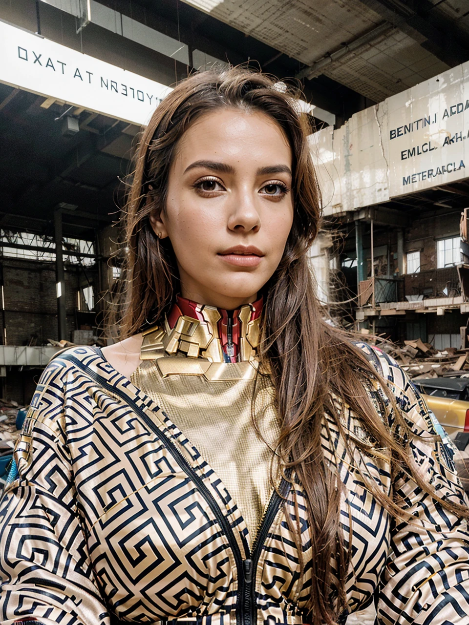 a beautiful, elegant woman wearing a futuristic red and gold Iron Man-inspired mech suit, standing in an abandoned, messy warehouse with a complex, detailed, and dynamic background featuring a vibrant, sunlit, sprawling futuristic