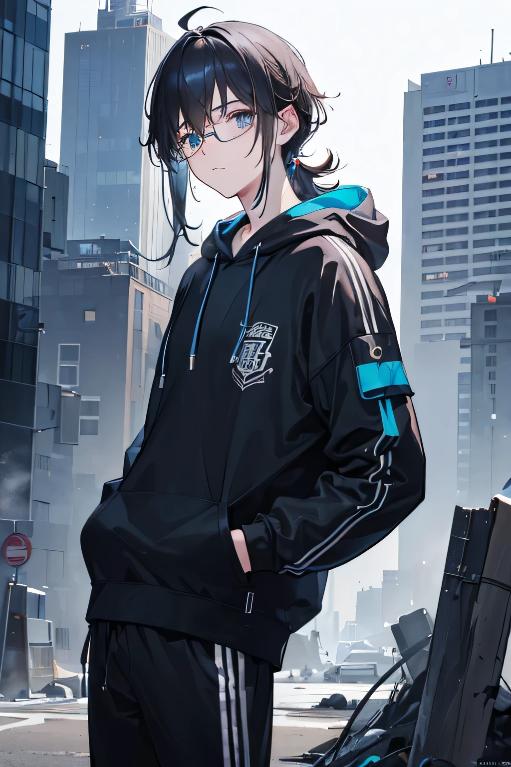 ((Highest quality, masterpiece, 4K, In detail, Fine grain, Detailed face, Gelbourg, Pixiv)), Cold lighting, ((alone)), 1 male, Boy with glasses, good looking, Masculine, Adult male, Broad shoulders, Face close-up, Portraiture,View your viewers, ((amblyopia, Half-lidded, Dark circles under the eyes, White eyes with blue pupils)), Wear modern clothes, Black hoodie with logo, Sweat pants, Are standing, Put your hands in your pockets, ((Black Hair, Medium length hair, messy hairstyle, Messy Hair)), Abandoned city background