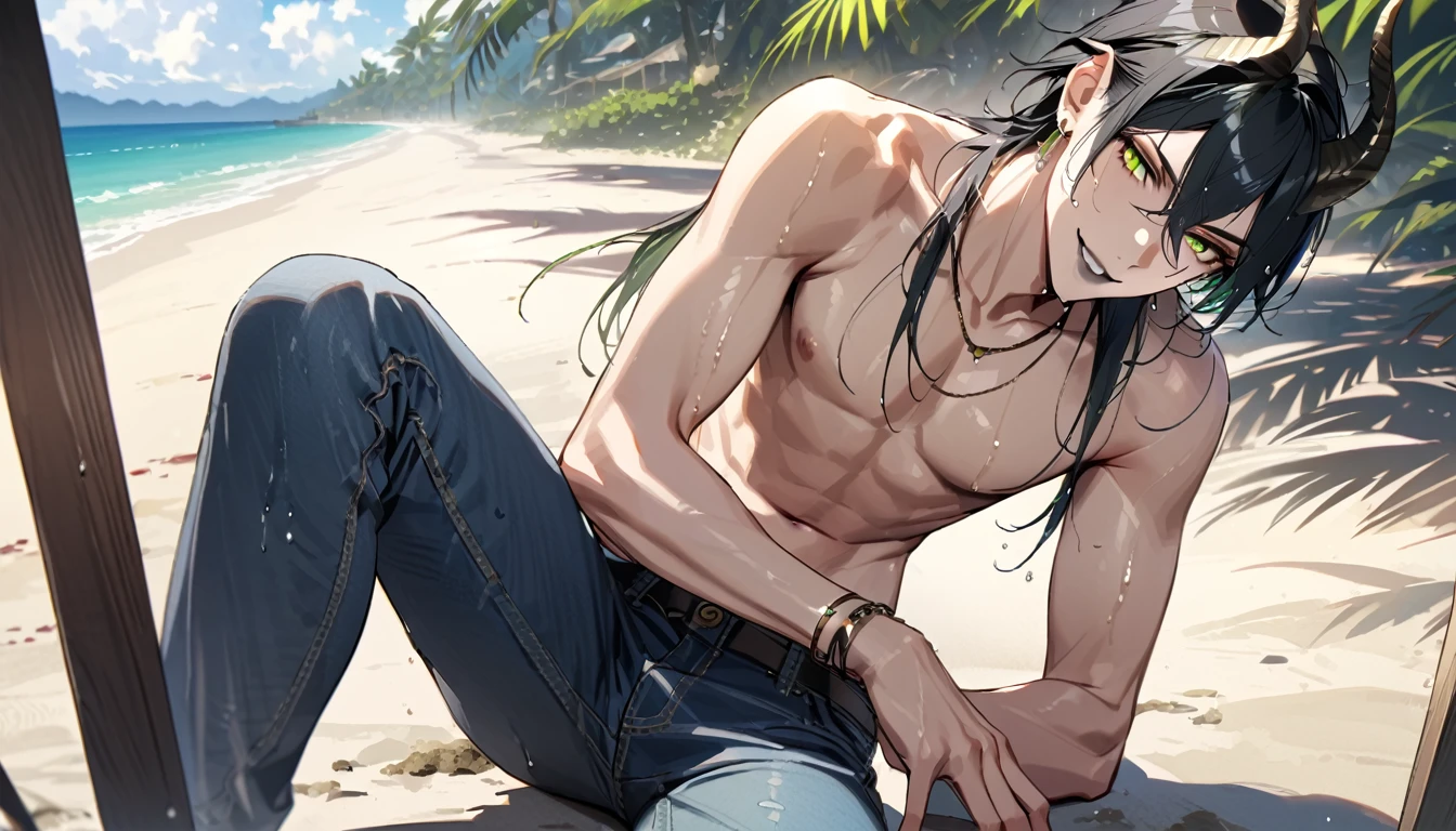 masterpiece, highres, absurdres, illustration, ((masterpiece:1.4, best quality)), (Ultra detailed background), 1boy, handsome man, highly detailed beautiful face and eyes, beautiful eyes, (sharp detail:1.3), shiny, earrings, bracelet, (wet clothes:1.3), Shirts, Bari, Cebu Island, plumeria, near the beach, sitting on floor, topless, jeans, dynamic angle, malleus draconia (twisted wonderland) horns, bishounen, boy, male, yana Toboso style, long hair, black hair, yellow green eyes, smile, gray lips, handsome, skinny, tall, yellow green glow,
