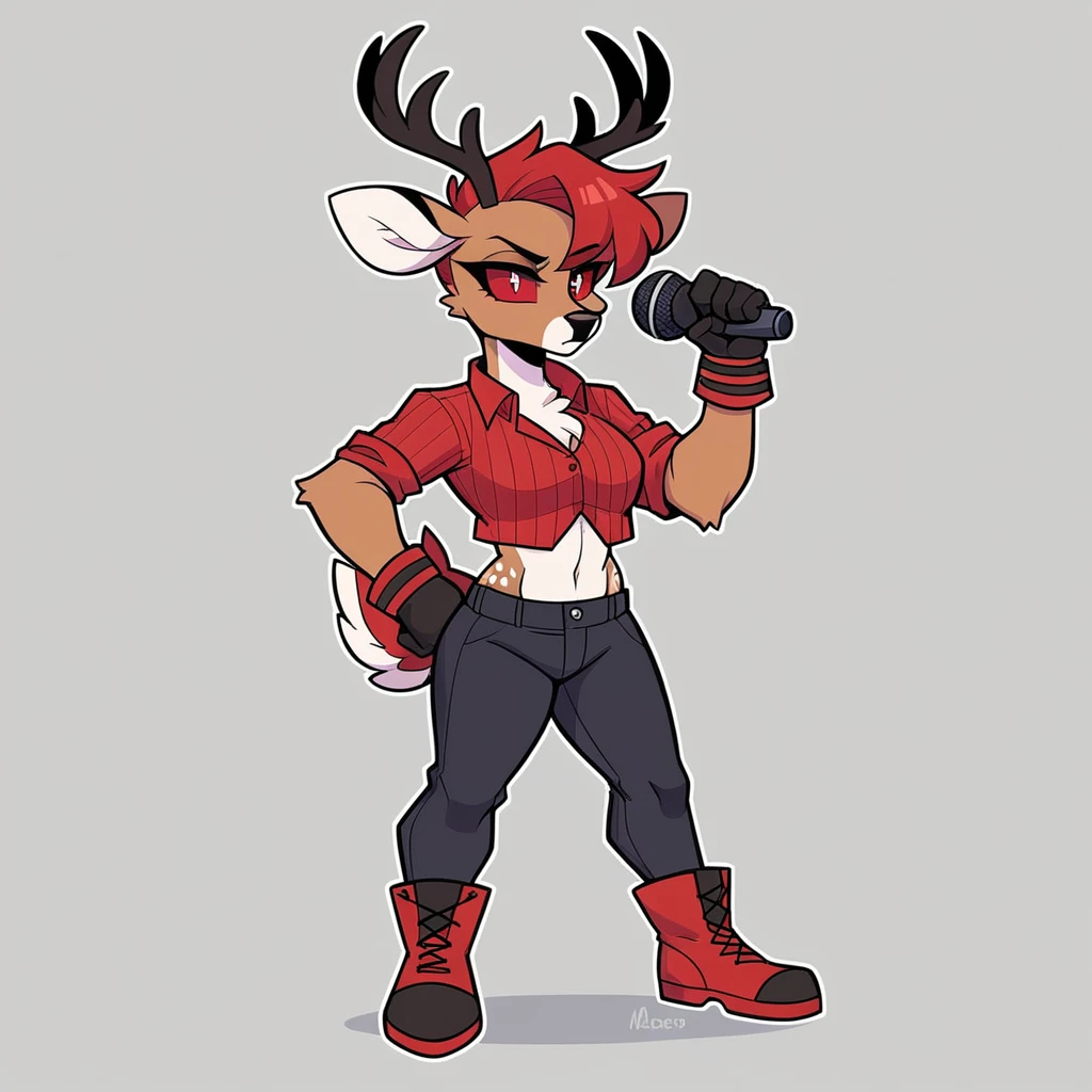 Solo female,Furry,Deer, She sports a -red cropped, angled bob-cut with black tips at the ends and two large, black tipped tufts of , red black deer evoking the ears of a deer. The style has an undercut at the back, and two small black antlers protruding from tshe crown.
Alastor's eyes have dark-red sclera, bright-red irises and thin black pupils. Her forearms and lower legs fade to dark grey, and she has red hoofed toes and red fingers.[26]
Alastor wears a red pinstripe coat with dark-red lapels piped with white, which is ragged along the bottom hem. Underneath this she wears a bright red shirt with a black cross on the chest, and long black  pants with matching bright red cuffs. She also wears a dark-red oval-shaped monocle, rimmed with black, over his right eye.
She accessorizes with a black knotted bowtie with a bright red center, black gloves with red at the fingertips, and black pointed-toe boots with red deer hoofprints emblazoned on the soles. Alastor also carries a thin cane with a sentient vintage style microphone attached to it, Red-Black deer tail