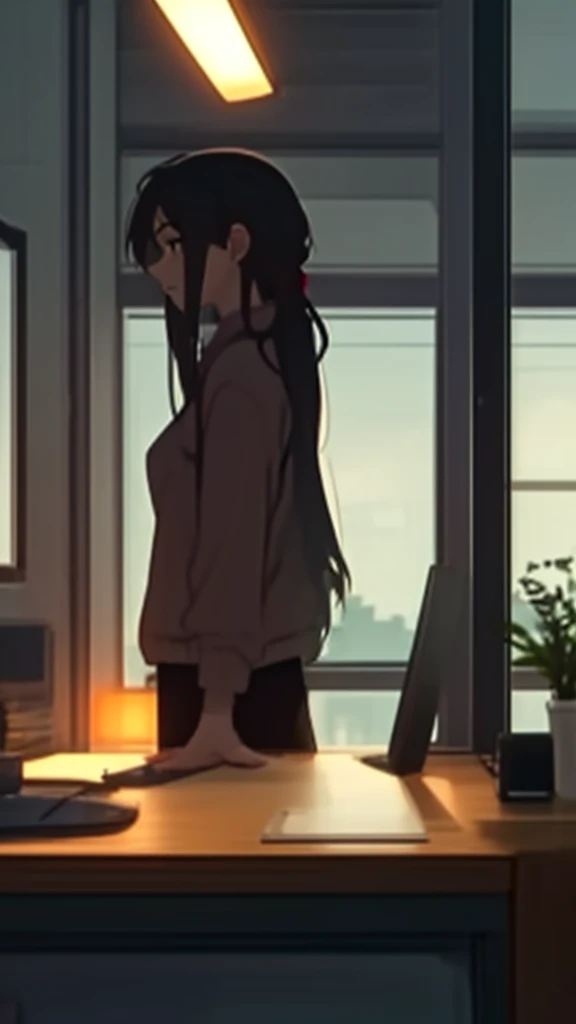 A woman doing research on her PC at night while listening to Lofi music. Anime-style illustration Warm color scheme Relaxed atmosphere Woman Age: Early 20s Long hair tied back Simple outfit Concentrated expression, looking at the PC screen Wearing headphones PC: Laptop Research materials displayed on the screen Room: Simple interior Night view from the window Desk lamp turned on Other: Drinks and writing utensils on the desk Warm light fills the room