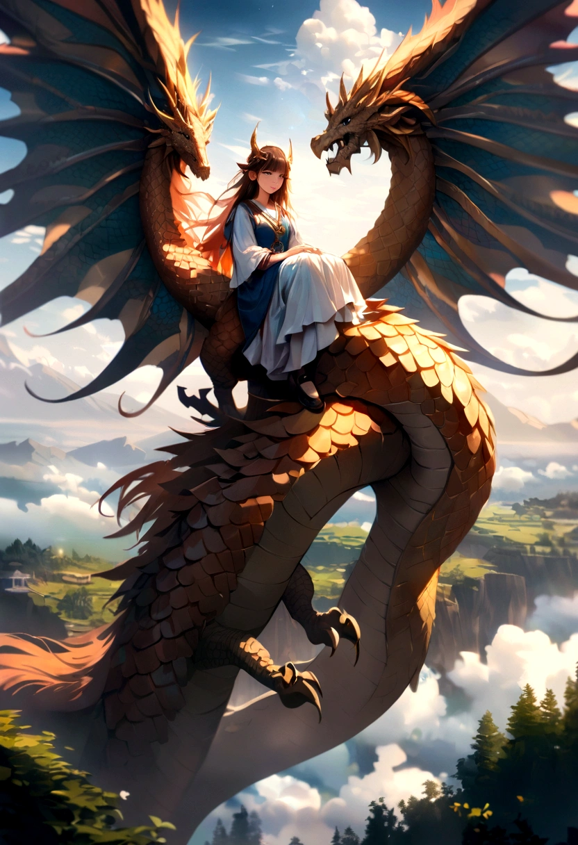 (bright, Vibrant colors),(Highest quality,High resolution,Super detailed),A girl sits on the back of a majestic dragon,It has intricate scales and a flowing mane,Soaring through the sky,Fierce dragon head with expressive eyes,Beautifully patterned wings,Clouds surround them,The sunlight in the sky shines golden,Lush Mountains々and the forest below,Peaceful and peaceful landscape. Realistic、Photogenic