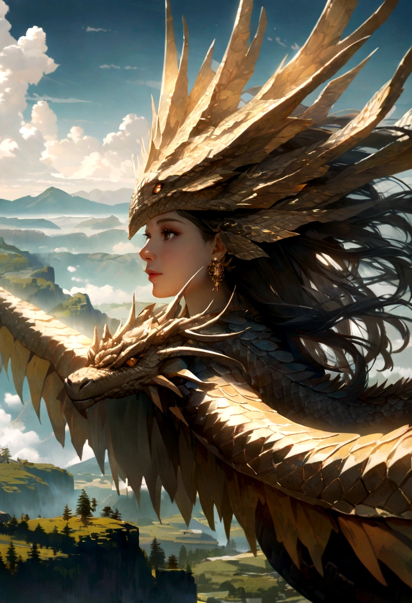 (bright, Vibrant colors),(Highest quality,High resolution,Super detailed),A girl sits on the back of a majestic dragon，It has intricate scales and a flowing mane,Soaring through the sky,Fierce dragon head with expressive eyes,Beautifully patterned wings,Clouds surround them,The sunlight in the sky shines golden,Lush Mountains々and the forest below,Peaceful and peaceful landscape.　Realistic、Photogenic