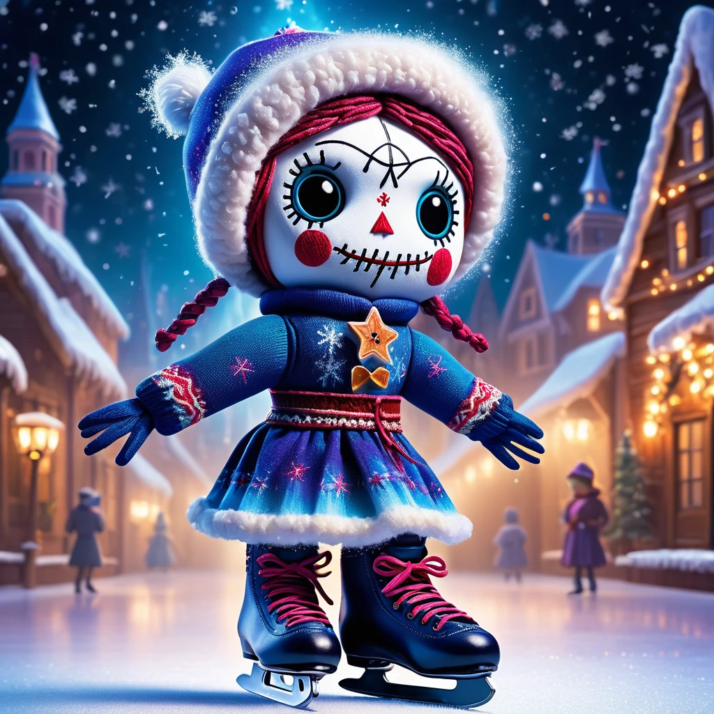 (knitted toy voodoo doll:1.5), (Voodoo Ice Skating:1.3), (Clothing: warm skating attire:1.0), (Accessories: enchanted ice skates emitting sparks of glide magic, levitating spectral snowflakes:1.1), (background: mystical ice rink with floating snow, glowing ice, and spectral skaters:1.2), best quality, masterpiece, detailed soft oil painting, detailed background, dramatic cinematic lighting, soft edge lighting, professional, dramatic lighting, hard edge lighting, ultra quality, 4k, masterpiece, best quality, 8k, ultra high definition, high resolution, extremely detailed
