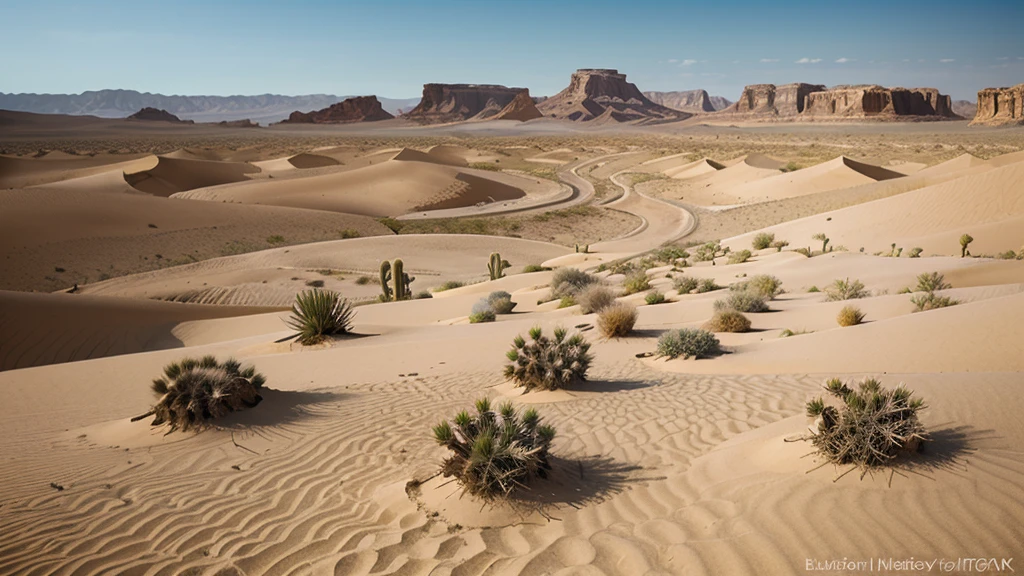 conceptual art ((vast desert)),Oasis in the desert.desert cactus ,lanky,empty,(arena),(nonhuman),bleak,Blurry closeup,Depth of fields,K HD,Detailed details,The best image quality,Light and shadow special effects., digital artwork, illustrated, painting of a, matte paint, Very detailed,A mirage in the distance,(puddles)