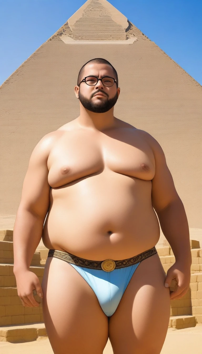 A fat man，Big eyes，Black round glasses，short hair，Round inches，Big round face，Very large and well-developed chest muscles，Big full belly，Standing on the Egyptian pyramids，The upper body is bare，Wearing briefs with bulge in the crotch，Oriental male，Full body front view