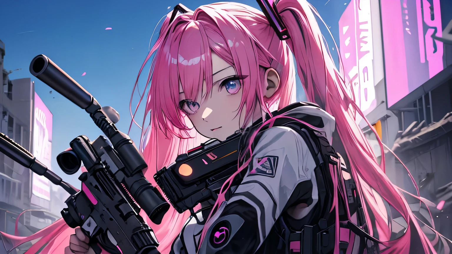 (masterpiece), Highest quality, Ultra-high resolution,hatsune miku, Vocaloid, beautiful, Detailed face, Pink Hair, Pink Eyes, Pink Art, colorful, bright, whole body、fight、strong、gun、(Confident expression:1.3)、battlefield、Armament、Cyberpunk Girl, (Gripping a high-tech rifle:1.3)、Stand up、Fantasy、cool、Glowing background、Illumination、whole body、(Background destroyed building:1.3),Fantasy