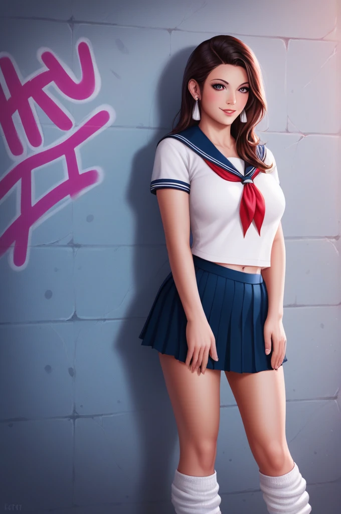  Navel is visible, big breasts, ((cute  face)), (gently smiling: 1.2), (asymmetrical bangs, beautiful eyelashes), Beautiful face, (beautiful chest line:1.2), (cleavage), beautiful a girl, Exquisite facial features depicting the perfect face, Cold, Naturally beautiful, Sweating, slenderbody, Light and beautiful thigh expression, hi-school girl, high-school uniform, a sailor suit, pleatedskirt, Loose Socks, In front of a wall full of graffiti, Night, (((Leaning on the wall, is standing))), awardwinning photo, detaile, realistic light and shadow, 8K resolution, Professional Lighting, (glistning skin:0.9), perfect hand,tassel earrings 