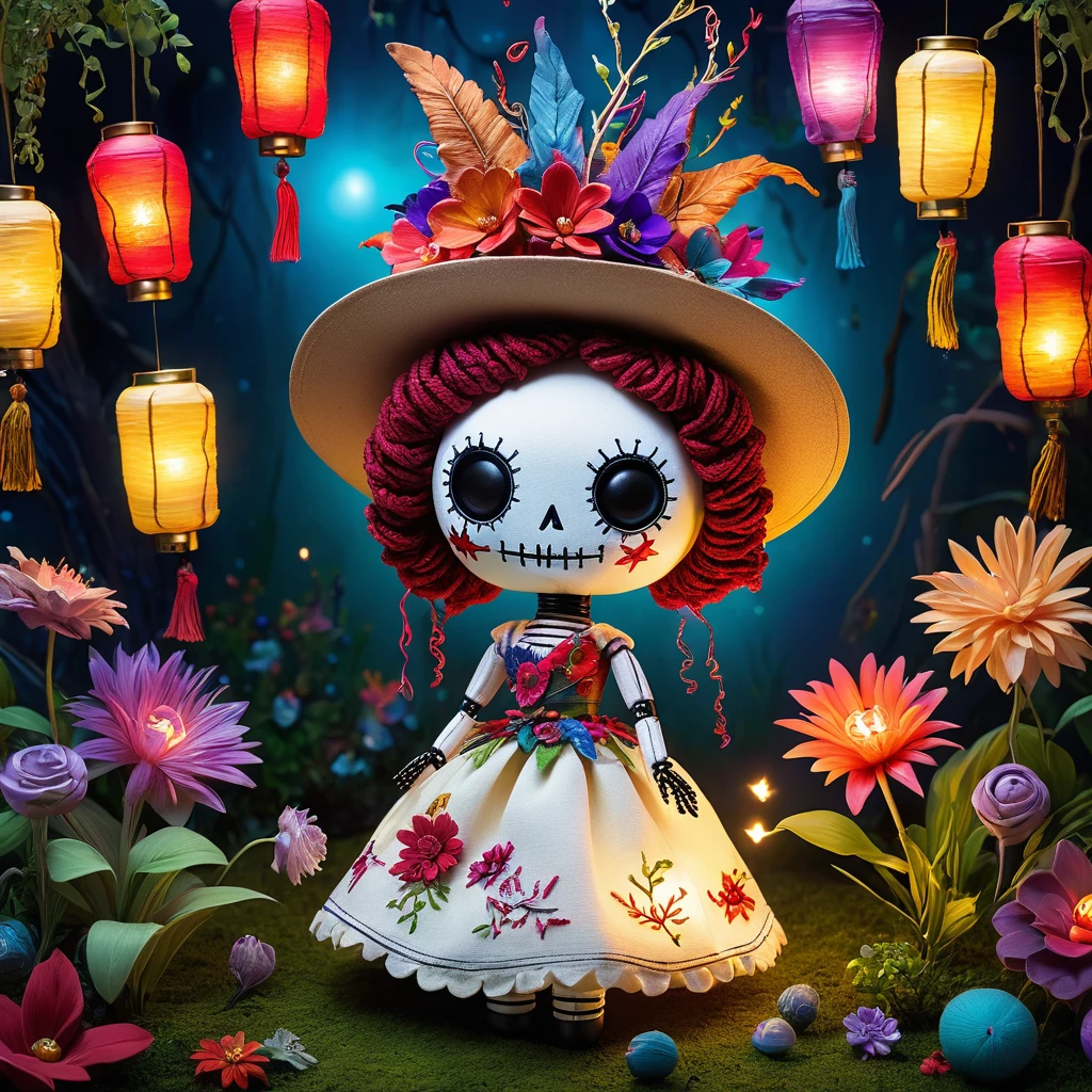 (knitted toy voodoo doll:1.5), (Voodoo Garden Party:1.3), (Clothing: garden party attire:1.0), (Accessories: enchanted garden hat emitting sparks of bloom magic, levitating spectral flowers:1.1), (background: enchanted garden with floating lanterns, glowing plants, and spectral guests:1.2), best quality, masterpiece, detailed soft oil painting, detailed background, dramatic cinematic lighting, soft edge lighting, professional, dramatic lighting, hard edge lighting, ultra quality, 4k, masterpiece, best quality, 8k, ultra high definition, high resolution, extremely detailed