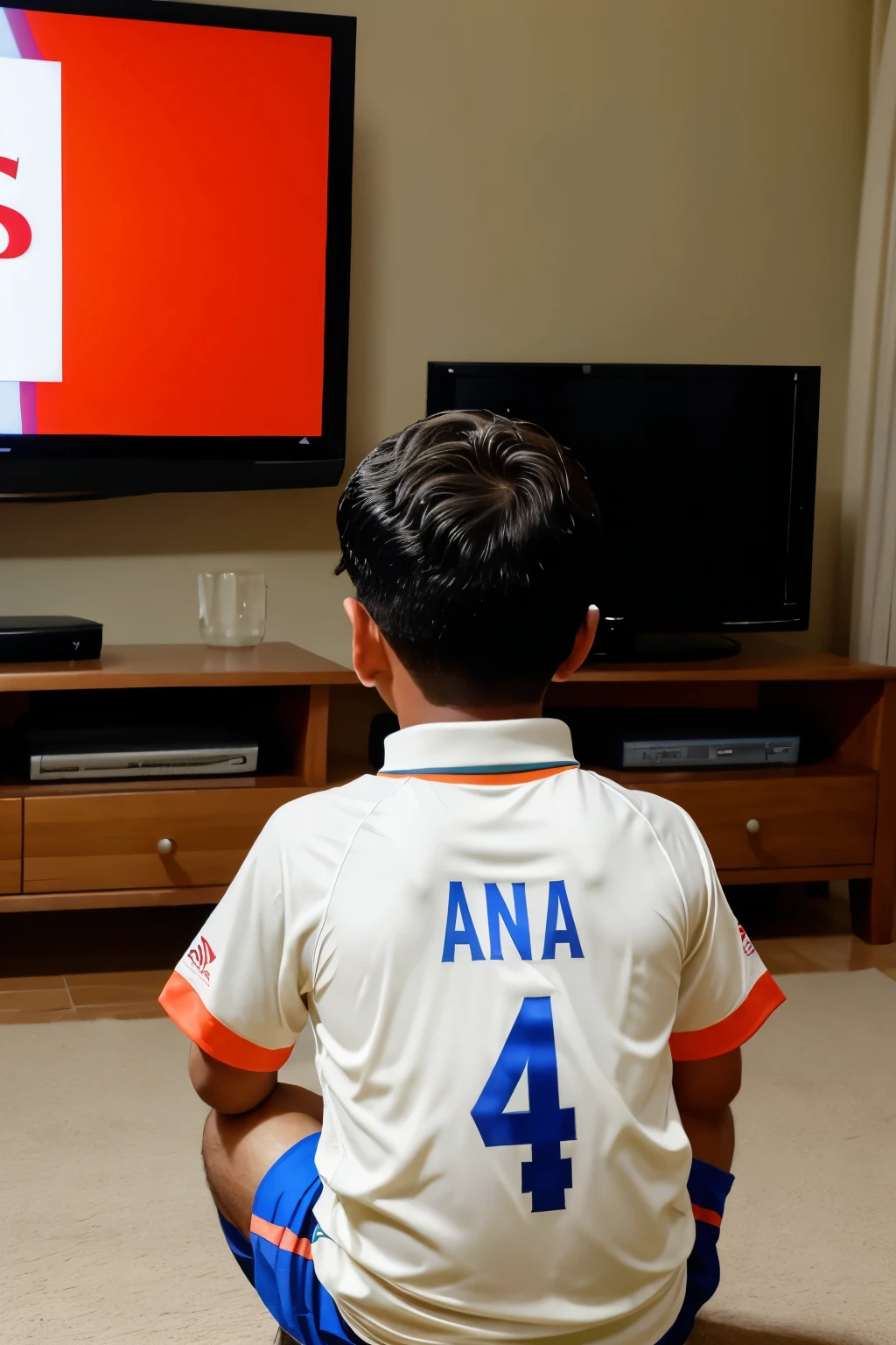 a boy watching a cricket match wearing indian cricket team jersey in front of tv and type name Eniya back side of his jersey