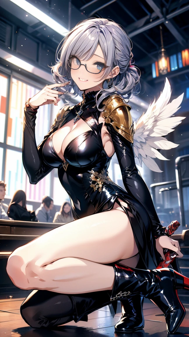 (Highest quality, masterpiece), (Ultra-high resolution, 8k RAW photos, Photorealistic:1.5, Cinema Lighting, Fabric Shading, Thin contours, Clear focus:1.2), Beautiful mature woman, Leaning forward, Long legs, Gray Hair, (Wearing thin glasses:1.2), (Mature Woman:1.5, 28 years old, alone), (Large Breasts, Saggy breasts, big , Tight waist), whole bodyesbian, (medium short Gray Hair, Hair on one eye, (Updo:1.2), Side Lock, Asymmetrical Hair, Wavy Hair), (thin and bright pupils, Highlighted, detailed eyes:1.3, A face with attention to detail, perfect face shape, Bloodshot eyes), (A seductive smile, Half-close your eyes:1.2), (Looking at the audience:1.3), (Dutch Angle, whole body:0.3, From below:1.2), ((Correct Anatomy:1.5, The right move)), (Ideal body proportions),(((Blue Armor、Blue Boots、Blue Helmet、Jeweled、Gold embroidery)))、Slender、Maxi Skirt、(Thighs Thighs Thighs Thighs:0.8)、(cheese、in house、Artistic stained glass、Large Pipe Organ、cross、Hello Point、Mysteriouany feathers floating、Angelic、Particles of light、Solemn、Nikko is、colorful、Fantastic:1.2)、(Fantastic:1.3)、(With the holy sword in hand:1.4)、
