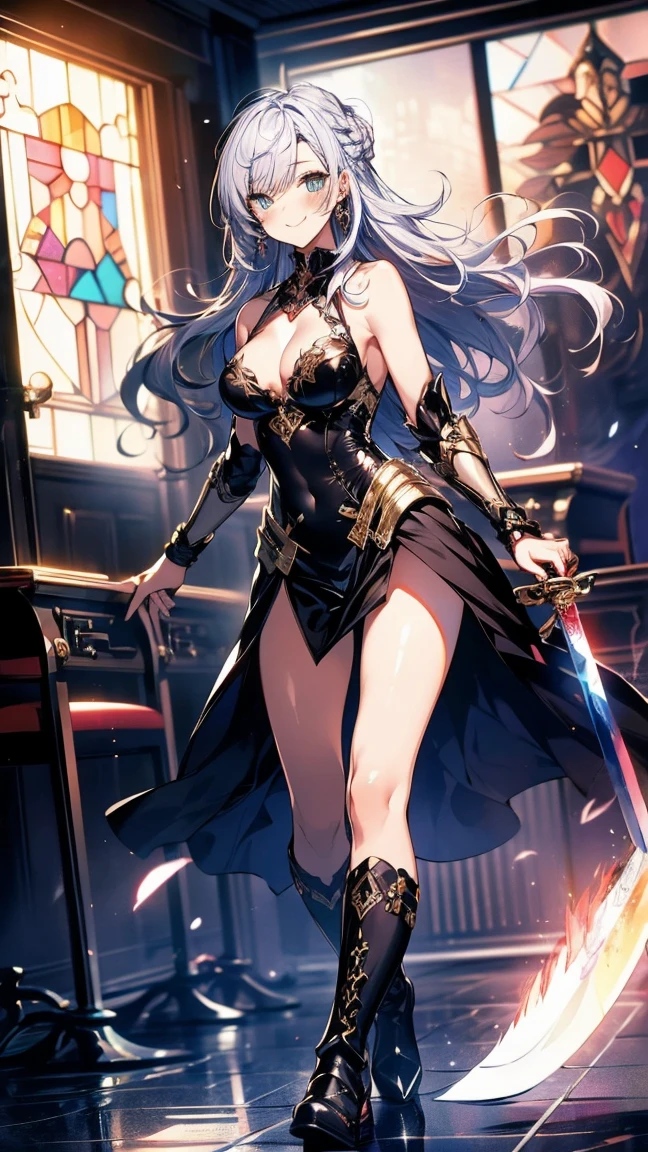 (masterpiece, best quality:1.2), perfect eyes, perfect face, ultra detailed face , strong make up, highres, 1 girl, solo, make up, (female:1.5),satin, white anciente greek clothes, sleeveless turtleneck, bracer, evil smile, standing, portrait, looking at viewer, giant sword on the back, long leather boots, fullbody shot