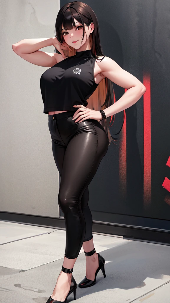 a girl dancing, girl smiling, full body shot, hip hop style dancing, black pants, black sweater, highly detailed face, long brown hair, brown eyes, long fingers, colourful graffiti background, (best quality,4k,8k,highres,masterpiece:1.2),ultra-detailed,(realistic,photorealistic,photo-realistic:1.37),portrait,vibrant colors,dramatic lighting,strong shadows