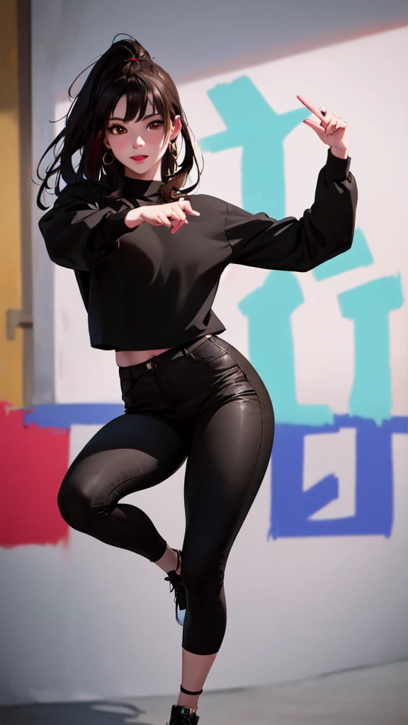 a girl dancing, girl smiling, full body shot, hip hop style dancing, black pants, black sweater, highly detailed face, long brown hair, brown eyes, long fingers, colourful graffiti background, (best quality,4k,8k,highres,masterpiece:1.2),ultra-detailed,(realistic,photorealistic,photo-realistic:1.37),portrait,vibrant colors,dramatic lighting,strong shadows
