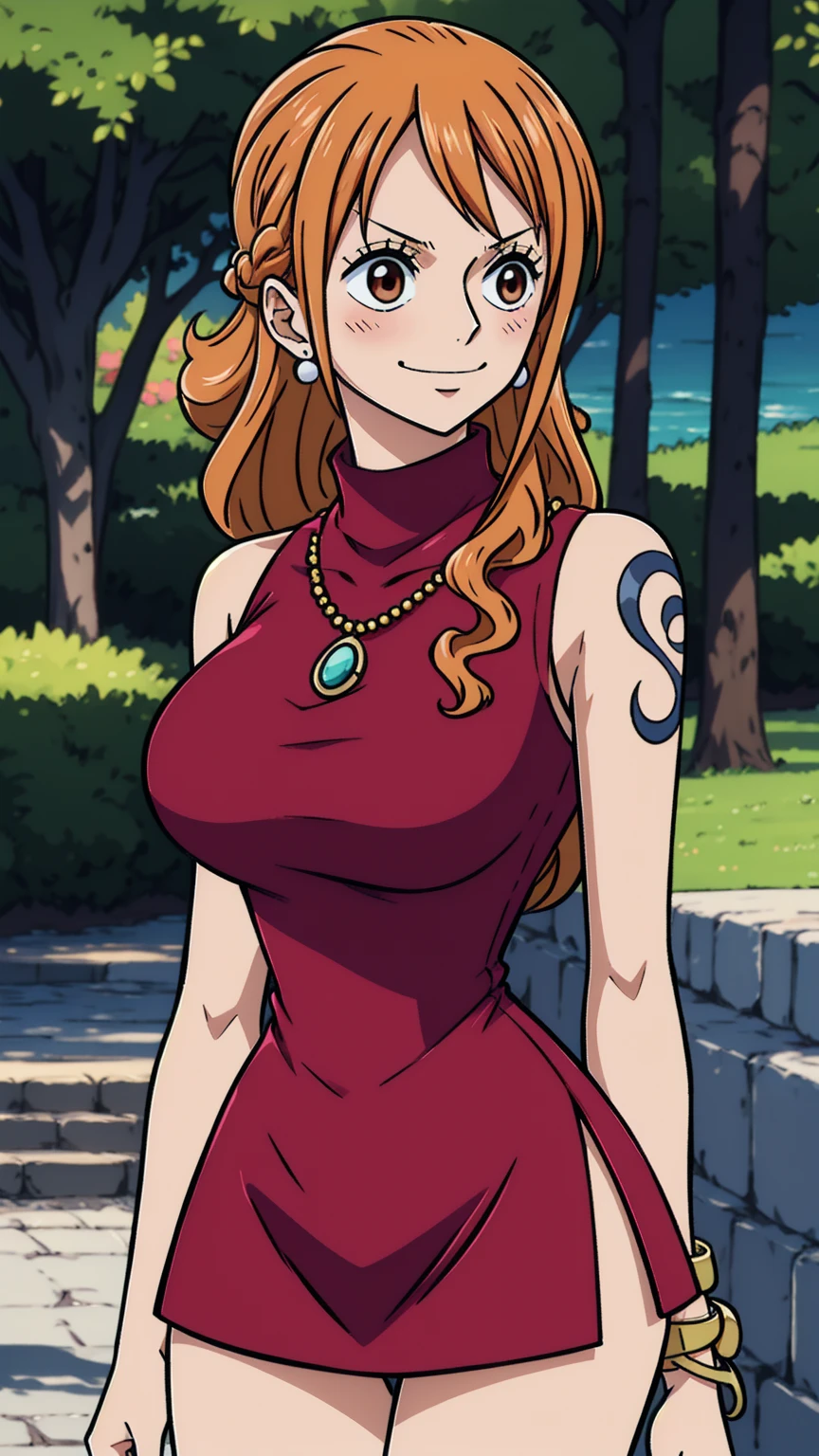 4k,hd,8k,cg,anime chisato,nami,solo, orange hair,brown eyes,long hair, jewelry,tattoo,bracelet, earrings, red dress,red sleeveless,red turtleneck,red sleeveless turtleneck dress,red miniskirt, bare shoulders,large breasts,cowboy shot,standing,lower body,outdoors,smile,closed mouth,blush,