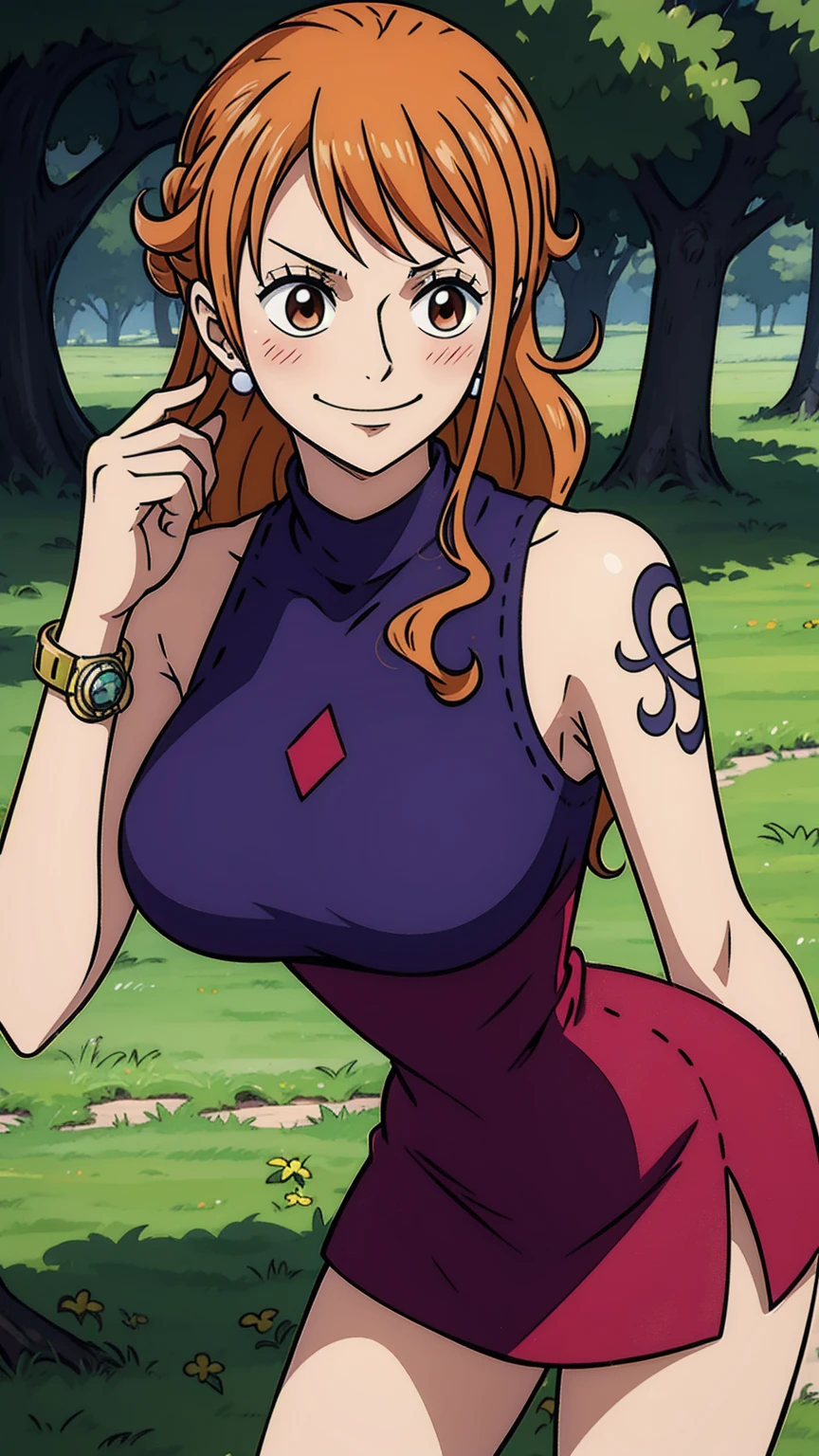 4k,hd,8k,cg,anime chisato,nami,solo, orange hair,brown eyes,long hair, jewelry,tattoo,bracelet, earrings, red dress,red sleeveless,red turtleneck,red sleeveless turtleneck dress,red miniskirt, bare shoulders,large breasts,cowboy shot,standing,lower body,outdoors,smile,closed mouth,blush,