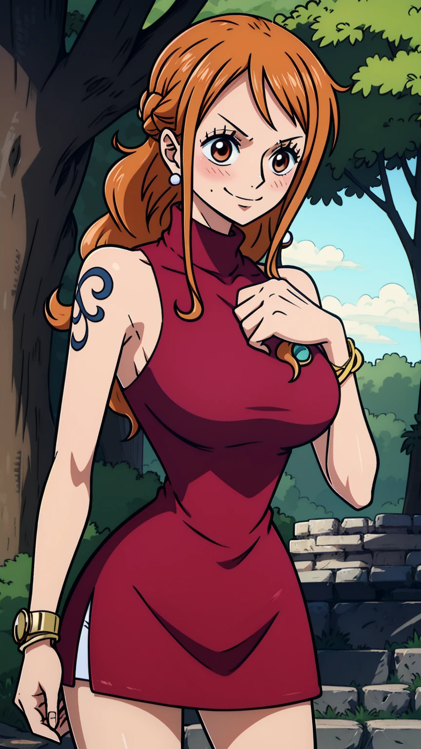 4k,hd,8k,cg,anime chisato,nami,solo, orange hair,brown eyes,long hair, jewelry,tattoo,bracelet, earrings, red dress,red sleeveless,red turtleneck,red sleeveless turtleneck dress,red miniskirt, bare shoulders,large breasts,cowboy shot,standing,lower body,outdoors,smile,closed mouth,blush, 