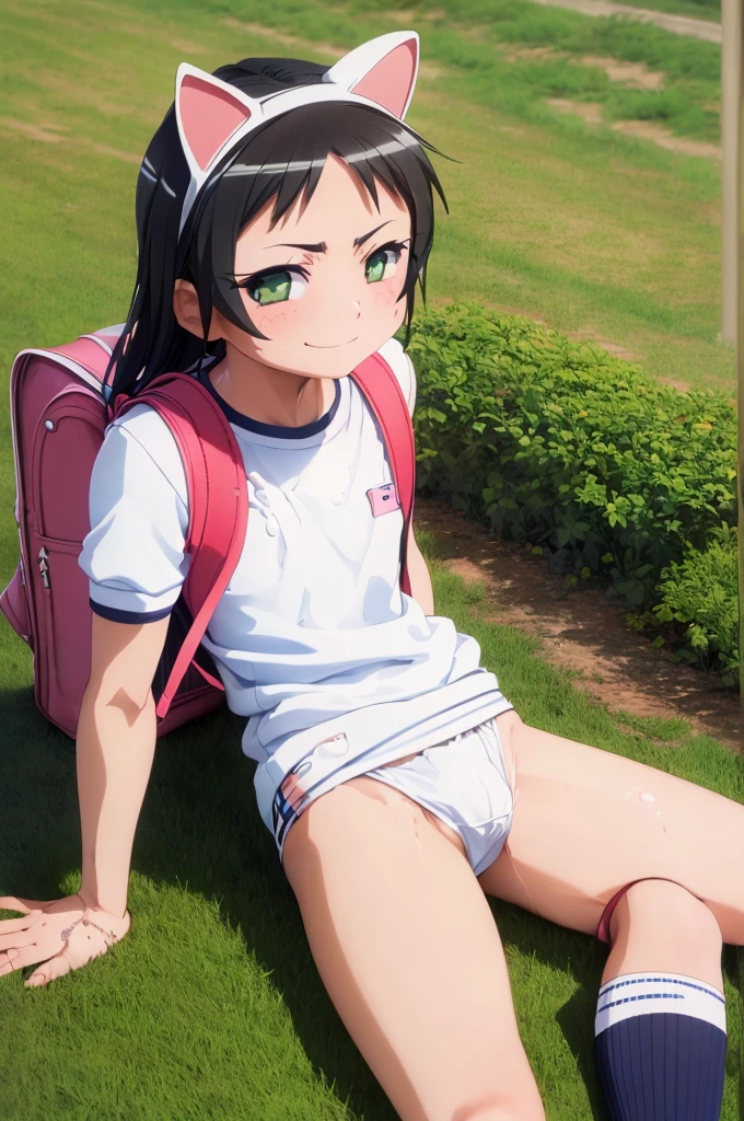 masterpiece, ultra quality, ultra sharp, ultra detailed, 1girl, solo, (((good anatomy))), haduki kurumi, (tattered torn dripping wet white gym shirt), navy gym pants, animal ears, randoseru, name tag, Japanese anime pose, laugh, BurumaShorts, Buruma, Gym Uniform, (((lying:1.4, spread_legs, legspread, split_legs, spreading legs)), (randoseru backpack:1.4), (smirk smile), buruma, blue buruma, black buruma, (cameltoe), (tattered torn short sleeve white gym uniform with colored hem), (tiny nipples), (white long loose socks), strong lighting, legspread, bukkake, cum on clothes, cum on legs, cum on buruma, cum on bloomers,