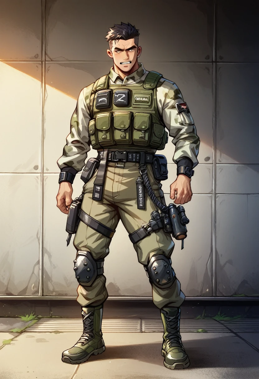 mercenary, male focus, (full length:1.1), Dark hair, green camouflage, load-bearing vest, belt holster, Dangerous atmosphere, warzone,