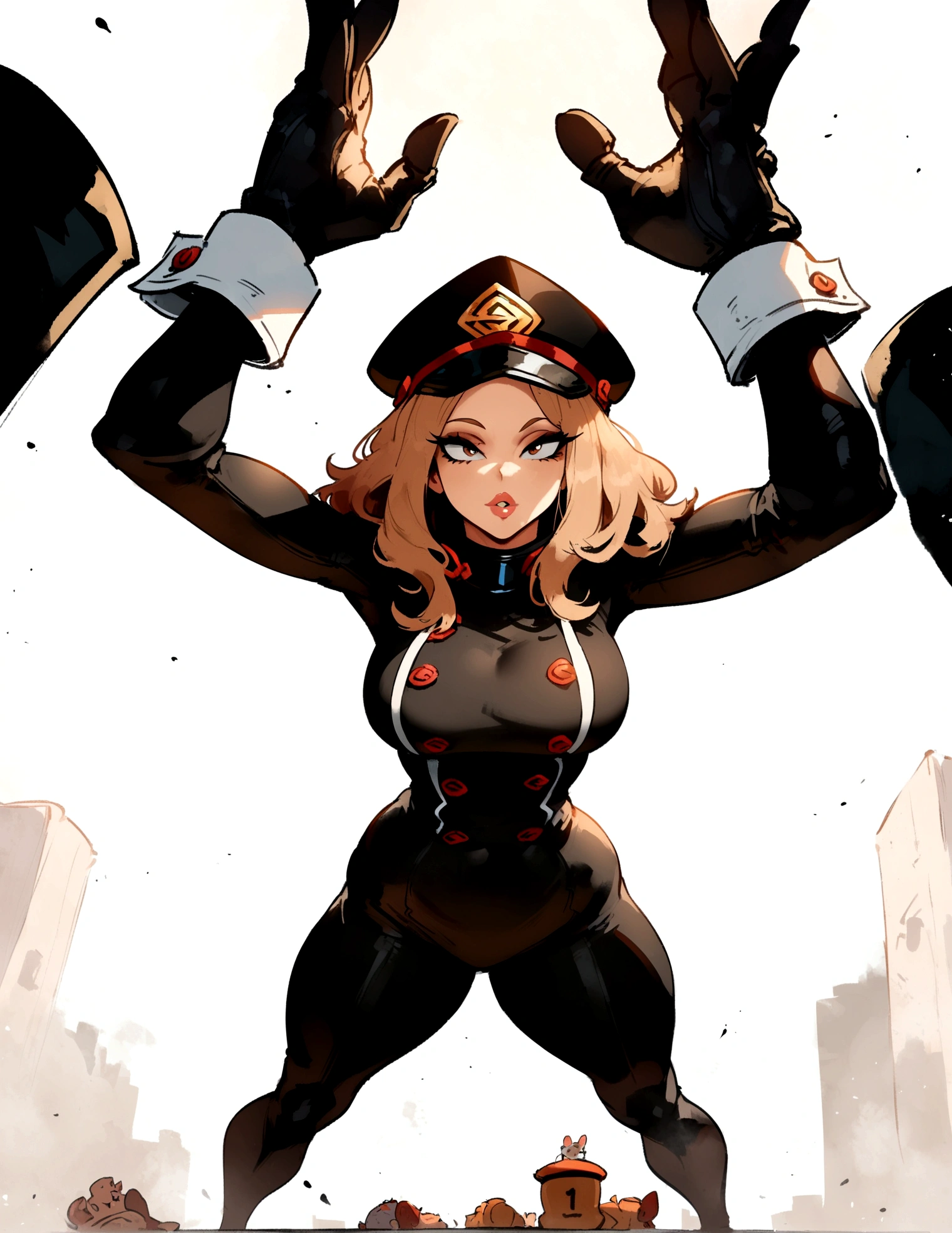1girl, utsushimi kemii, boku no hero academia \\\\\ masterpiece, best quality, very aesthetic, absurdres, newest \\\\\\ slim body,///// by dodok,by nyantcha,cutesexyrobutts , by khyle,,////// beautiful face, light brown hair ,plump and glossy lips, . , , dark brown eyes,, cap, black catsuit . She wears white cuffs around her wrists,,standing, , , ,pov, white background, concept art