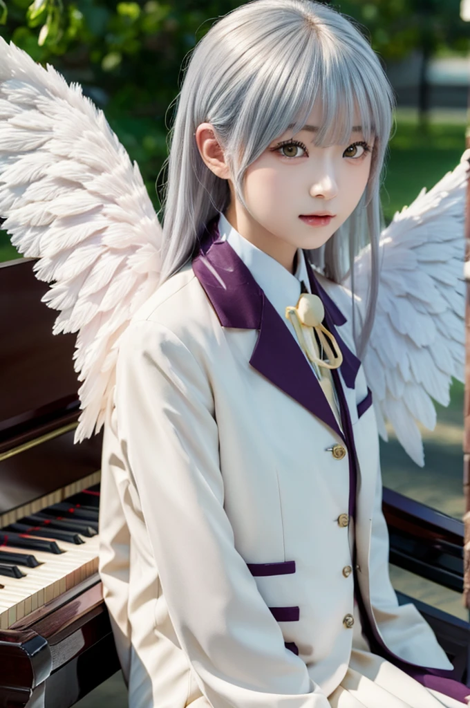 (Highest quality、4K、8K, masterpiece:1.3), Ultra detailed face, Detailed lips, Detailed eyes, double eyelid, 
BREAK, 
(extreme  close up:1.5), (from front:1.25),
BREAK,
1girl, 18 years old, short height, tachibana kanade, silver hair, short height, 
BREAK
(yellow eyes), white hair, long hair, bangs, hair pulled back,
BREAK,
looking at viewer, ((playing piano)),
photo background, photo inset, dusk, outdoors, spring, wind, falling petals, sunlight, skyline, 
BREAK
schooluniform, jacket, blazer, long sleeves, neck ribbon, gem, necklace, pleated skirt, kneehighs, loafers,
(((Angel wings spread wide on the back))),
