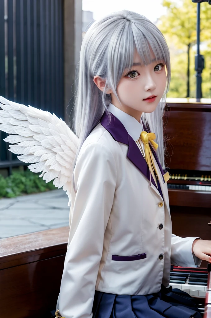 (Highest quality、4K、8K, masterpiece:1.3), Ultra detailed face, Detailed lips, Detailed eyes, double eyelid, 
BREAK, 
(extreme  close up:1.5), (from front:1.25),
BREAK,
1girl, 18 years old, short height, tachibana kanade, silver hair, short height, 
BREAK
(yellow eyes), white hair, long hair, bangs, hair pulled back,
BREAK,
looking at viewer, ((playing piano)),
photo background, photo inset, dusk, outdoors, spring, wind, falling petals, sunlight, skyline, 
BREAK
schooluniform, jacket, blazer, long sleeves, neck ribbon, gem, necklace, pleated skirt, kneehighs, loafers,
(((Angel wings spread wide on the back))),
