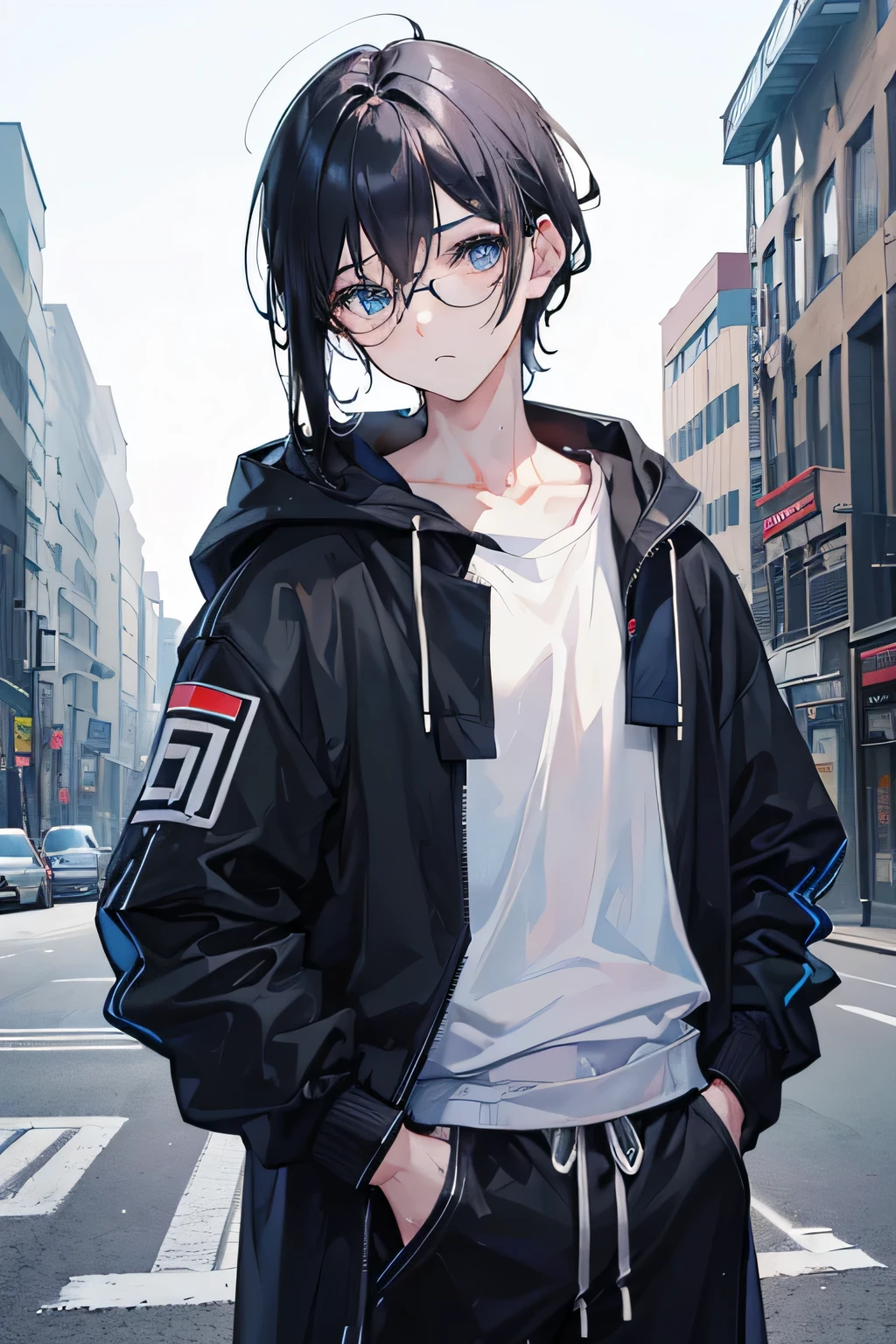 ((Highest quality, masterpiece, 4K, In detail, Fine grain, Detailed face, Gelbourg, Pixiv)), Cold lighting, ((alone)), 1 male, Boy with glasses, good looking, Masculine, Adult male, Broad shoulders, Face close-up, Portraiture,View your viewers, ((amblyopia, Half-lidded, Dark circles under the eyes, Blue eyes with white pupils)), Wear modern clothes, Black hoodie with logo, Sweat pants, Are standing, Put your hands in your pockets, ((Black Hair, Medium length hair, messy hairstyle, Messy Hair)), Abandoned city background,Knife in the waist
