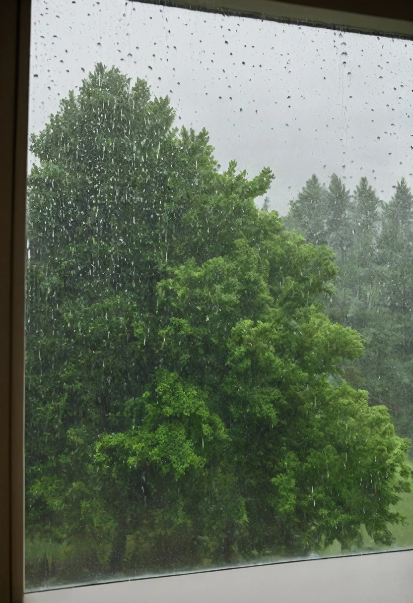 rainy, cloudy, big window, close up window, lighting, with trees out of window,