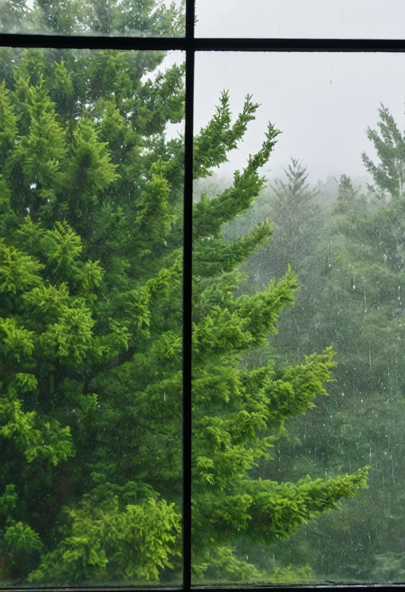 rainy, cloudy, big window, close up window, lighting, with trees out of window,